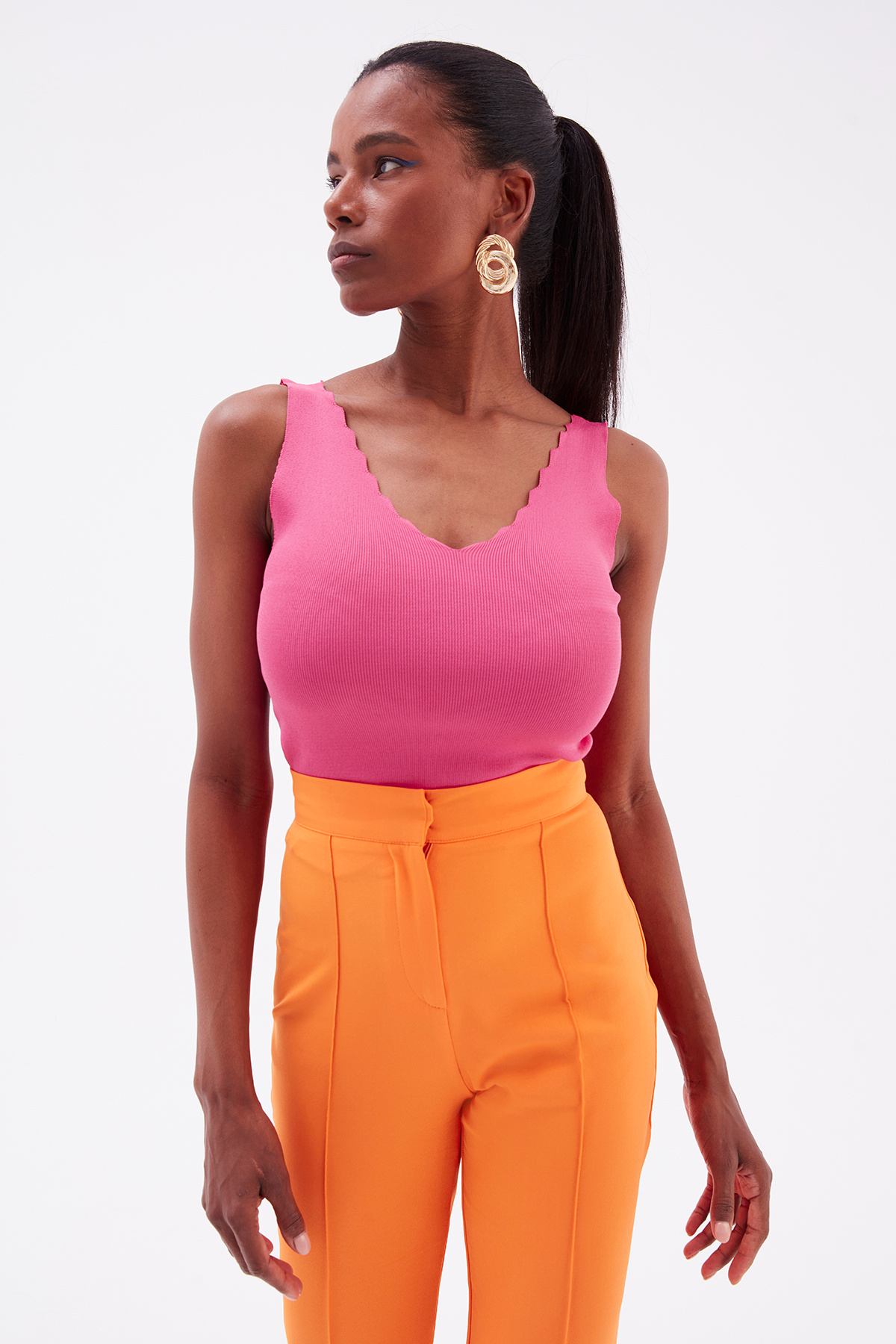 Detailed V Neck Knitwear Blouse - FuchsIa