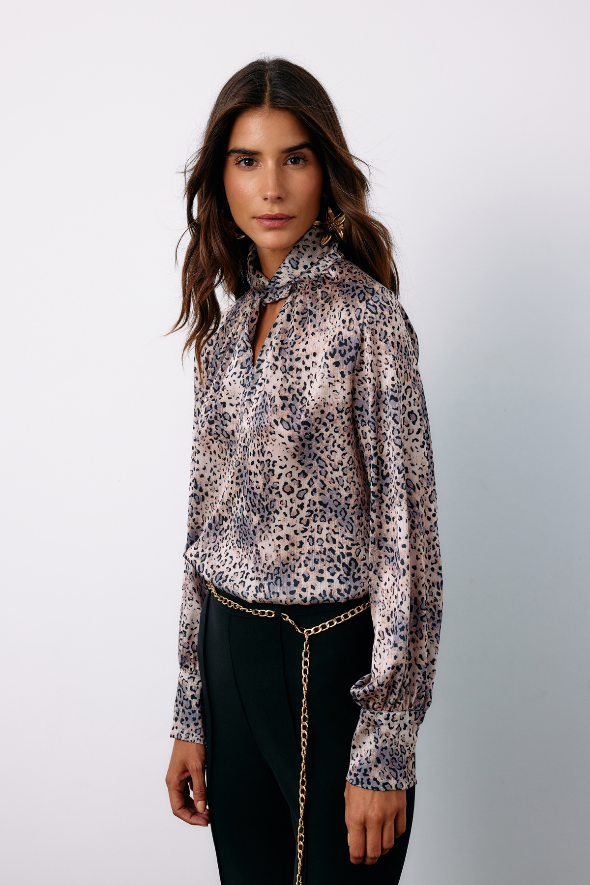 Detailed Collar Leopard Patterned Blouse - GRAY