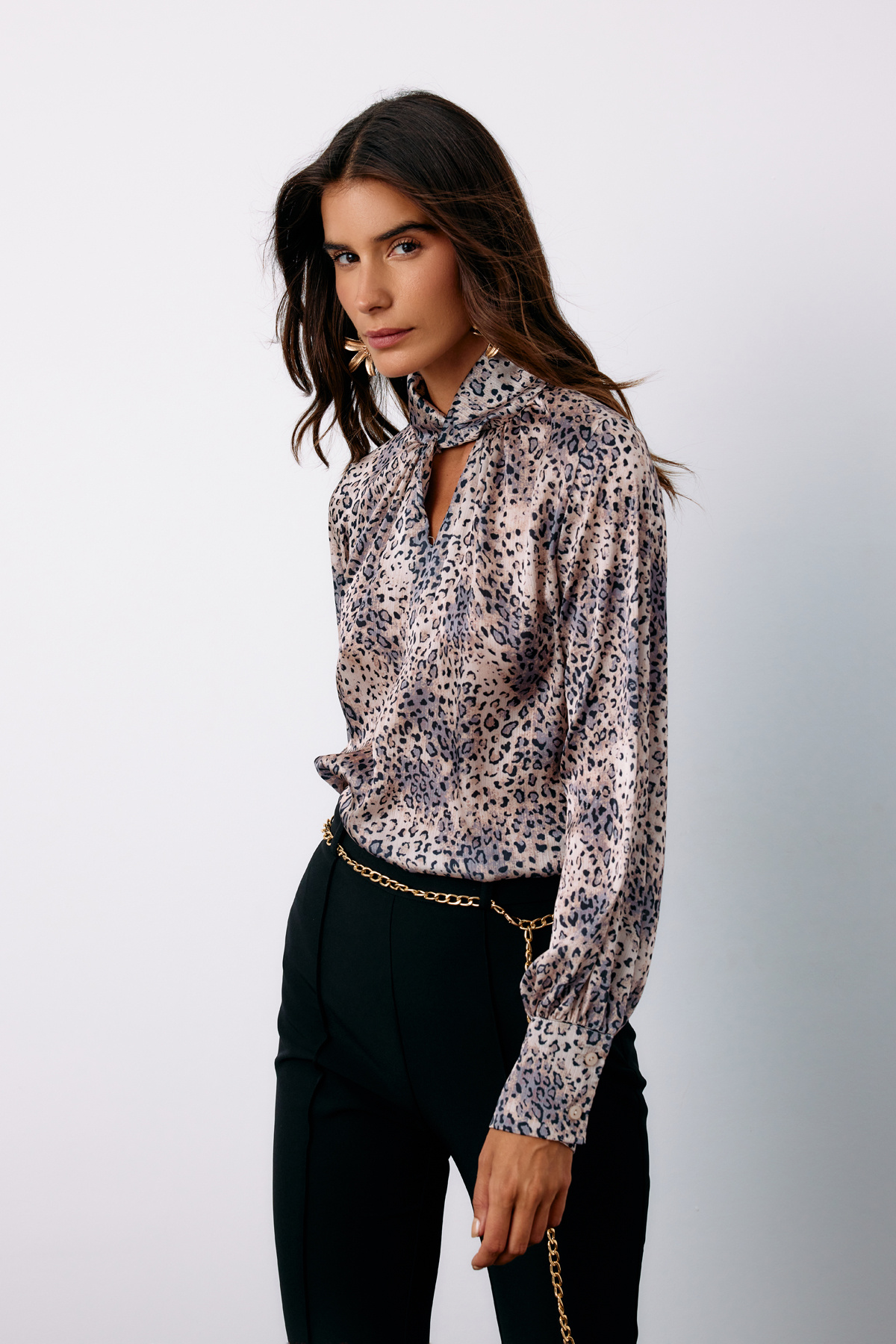 Detailed Collar Leopard Patterned Blouse - GRAY
