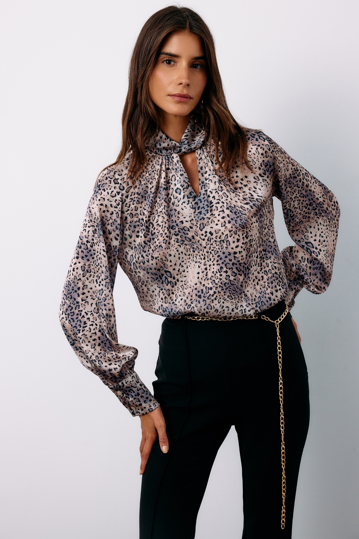 Detailed Collar Leopard Patterned Blouse - GRAY