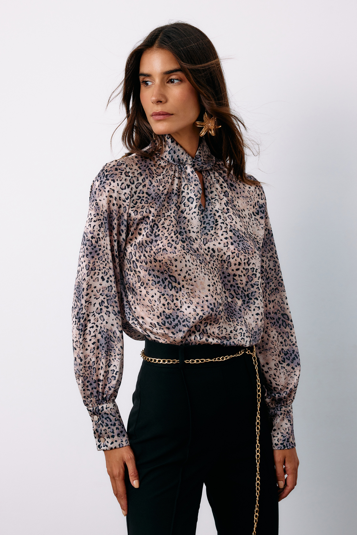 Detailed Collar Leopard Patterned Blouse - GRAY
