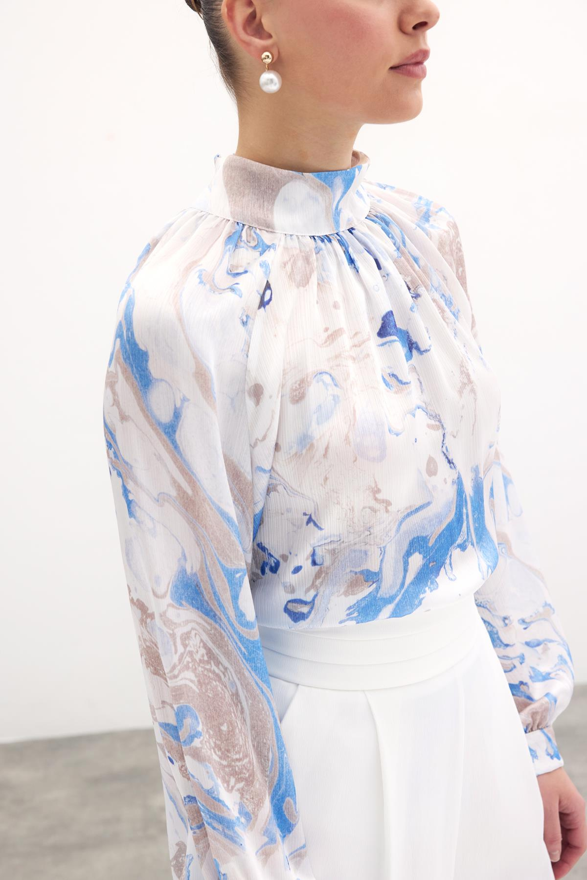 Dik Yaka Bluz - Mavi