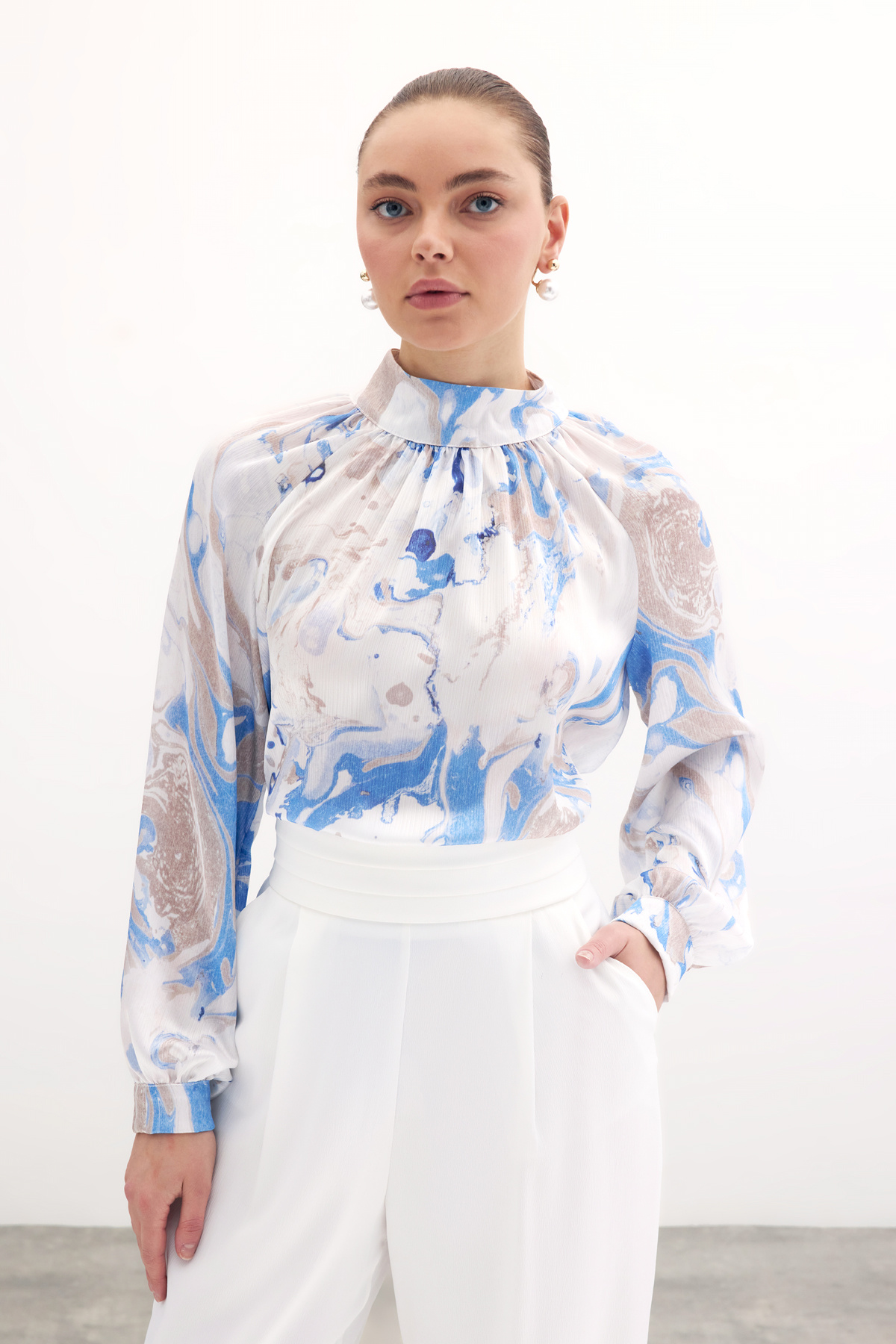 Dik Yaka Bluz - Mavi