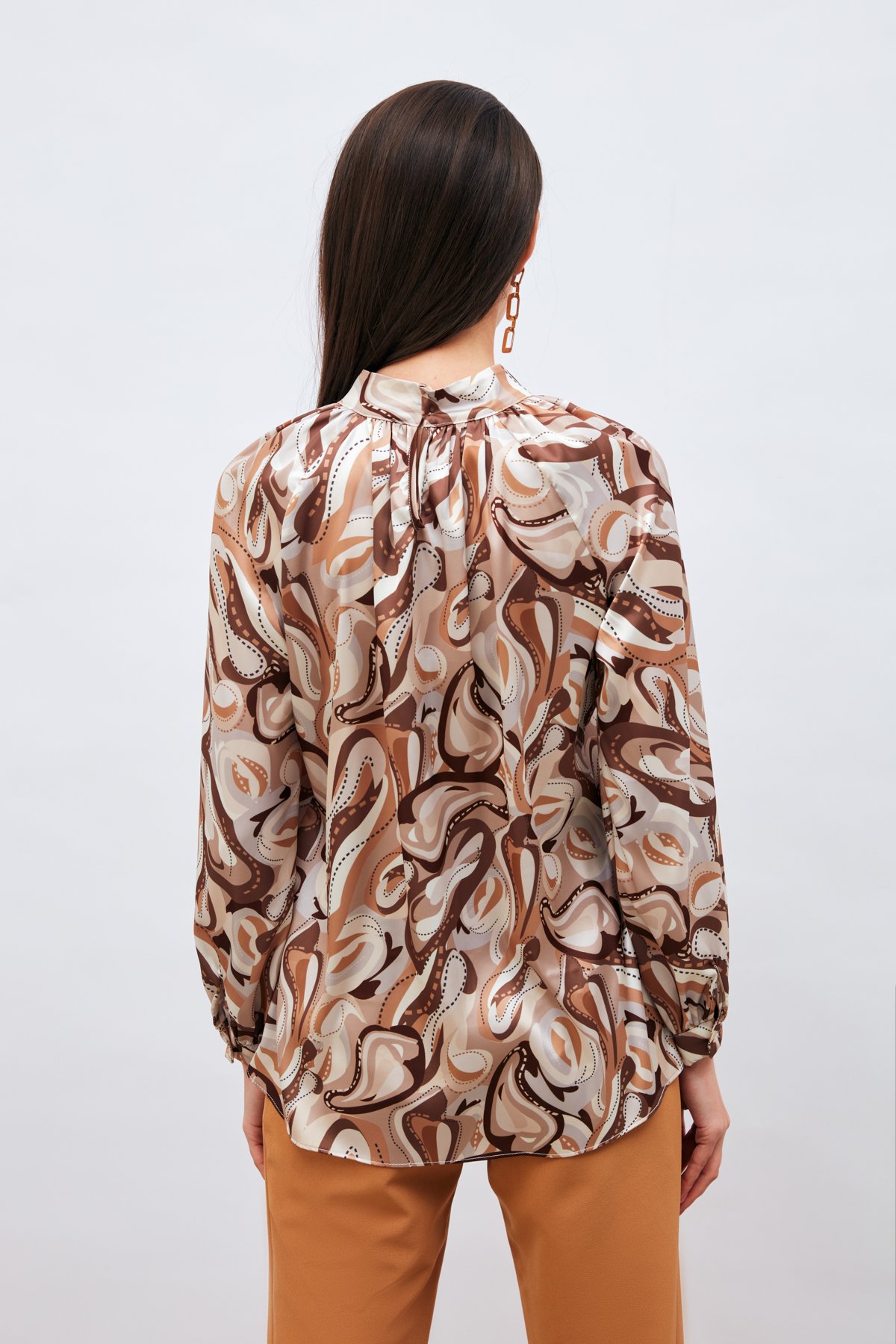 Dik Yaka Desenli Bluz - KAHVE
