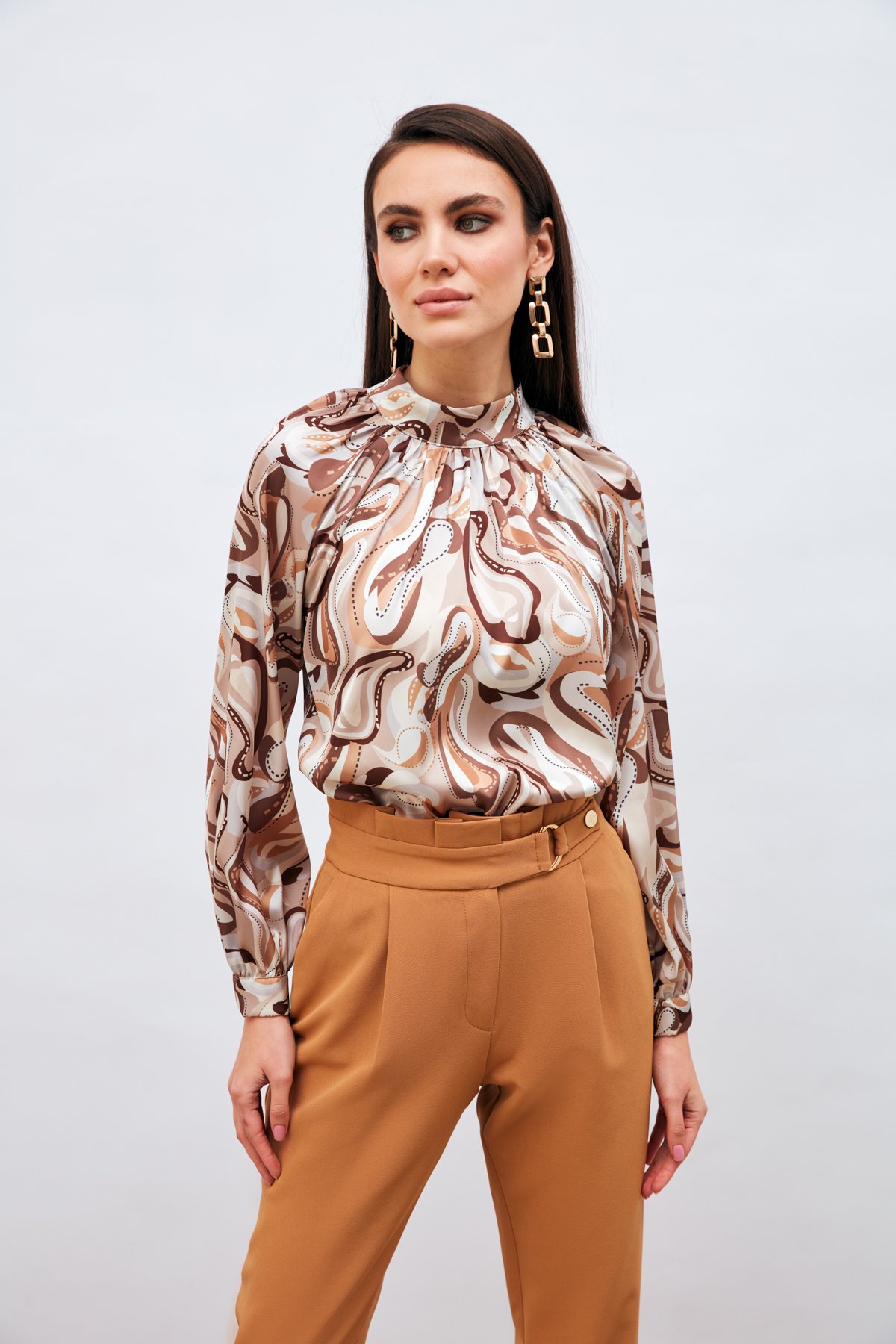 Dik Yaka Desenli Bluz - KAHVE