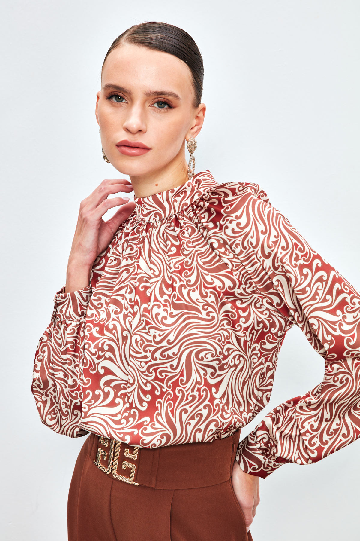 Dik Yaka Desenli Bluz - KİREMİT