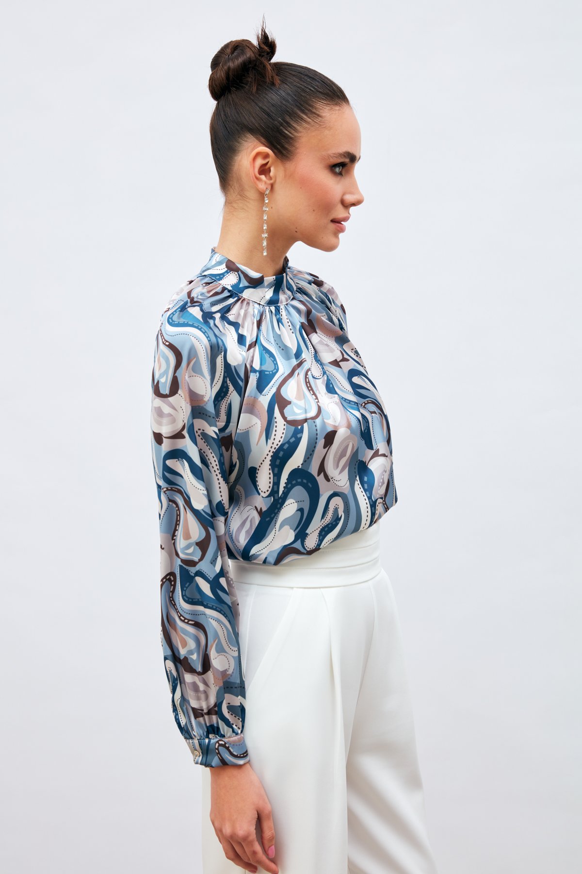 Dik Yaka Desenli Bluz - MAVİ