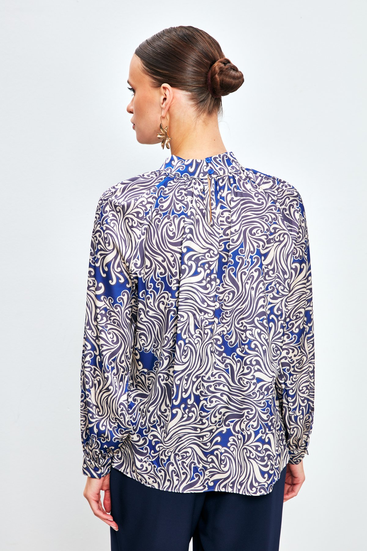 Dik Yaka Desenli Bluz - SAX MAVİ