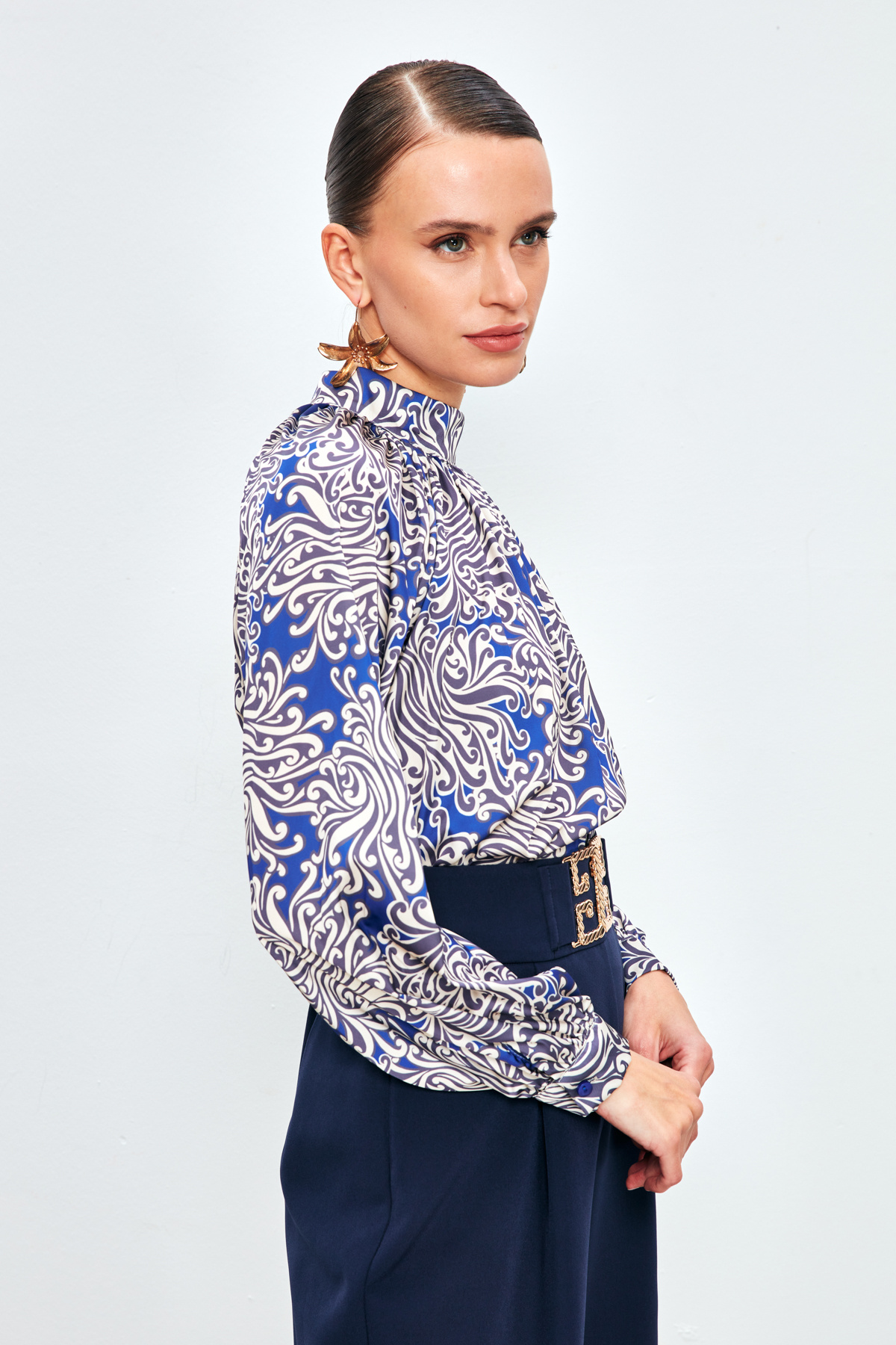 Dik Yaka Desenli Bluz - SAX MAVİ