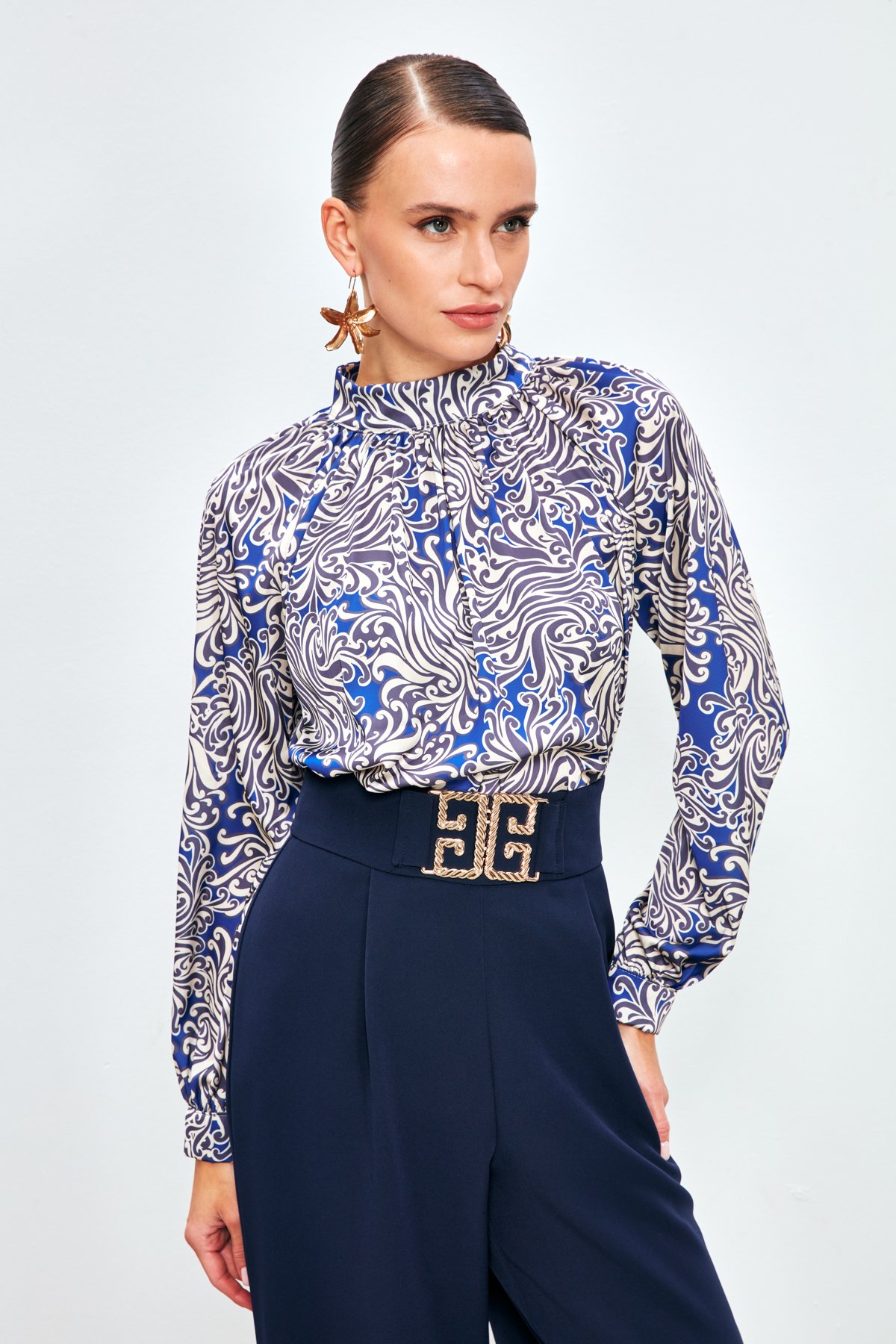 Dik Yaka Desenli Bluz - SAX MAVİ