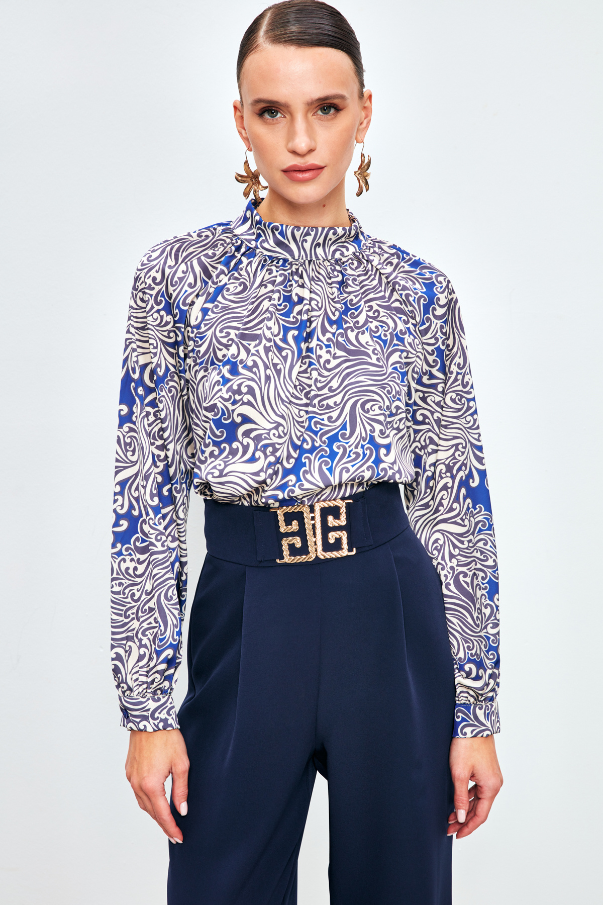 Dik Yaka Desenli Bluz - SAX MAVİ