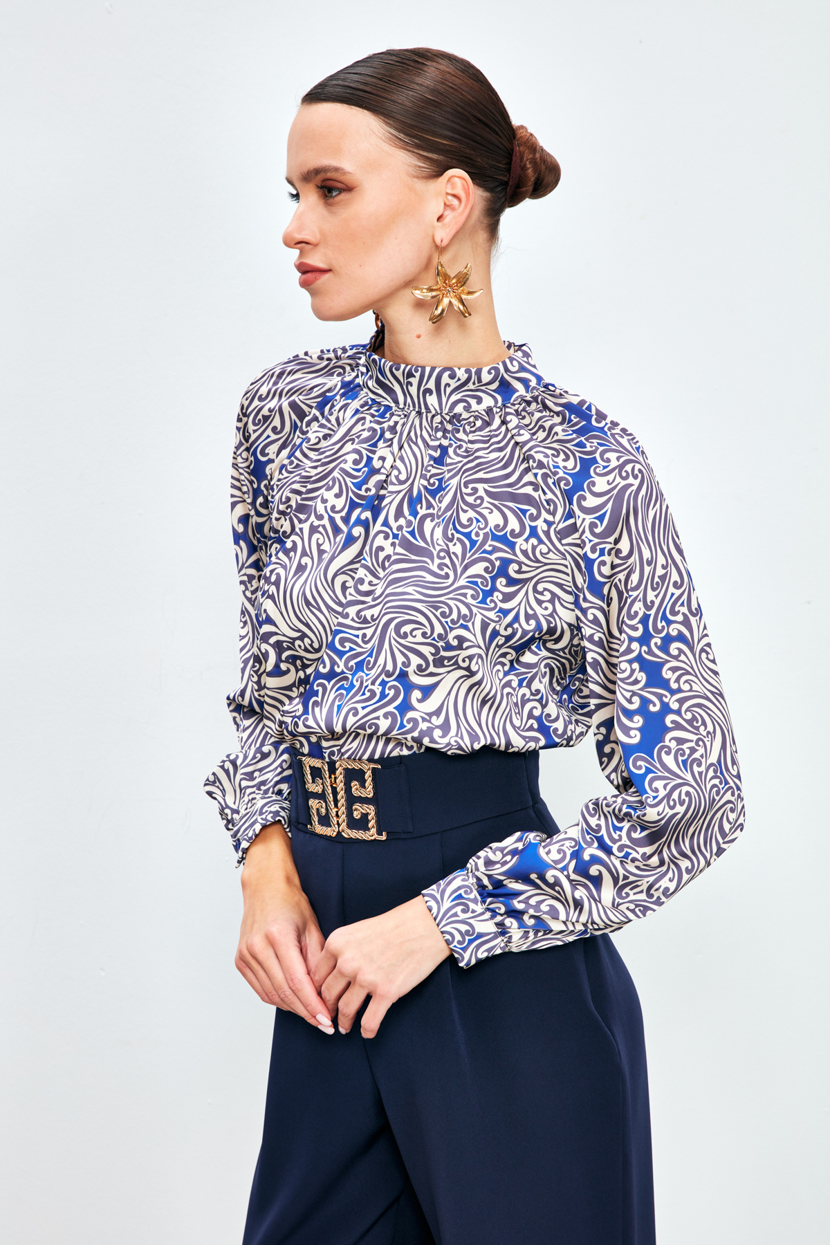 Dik Yaka Desenli Bluz - SAX MAVİ