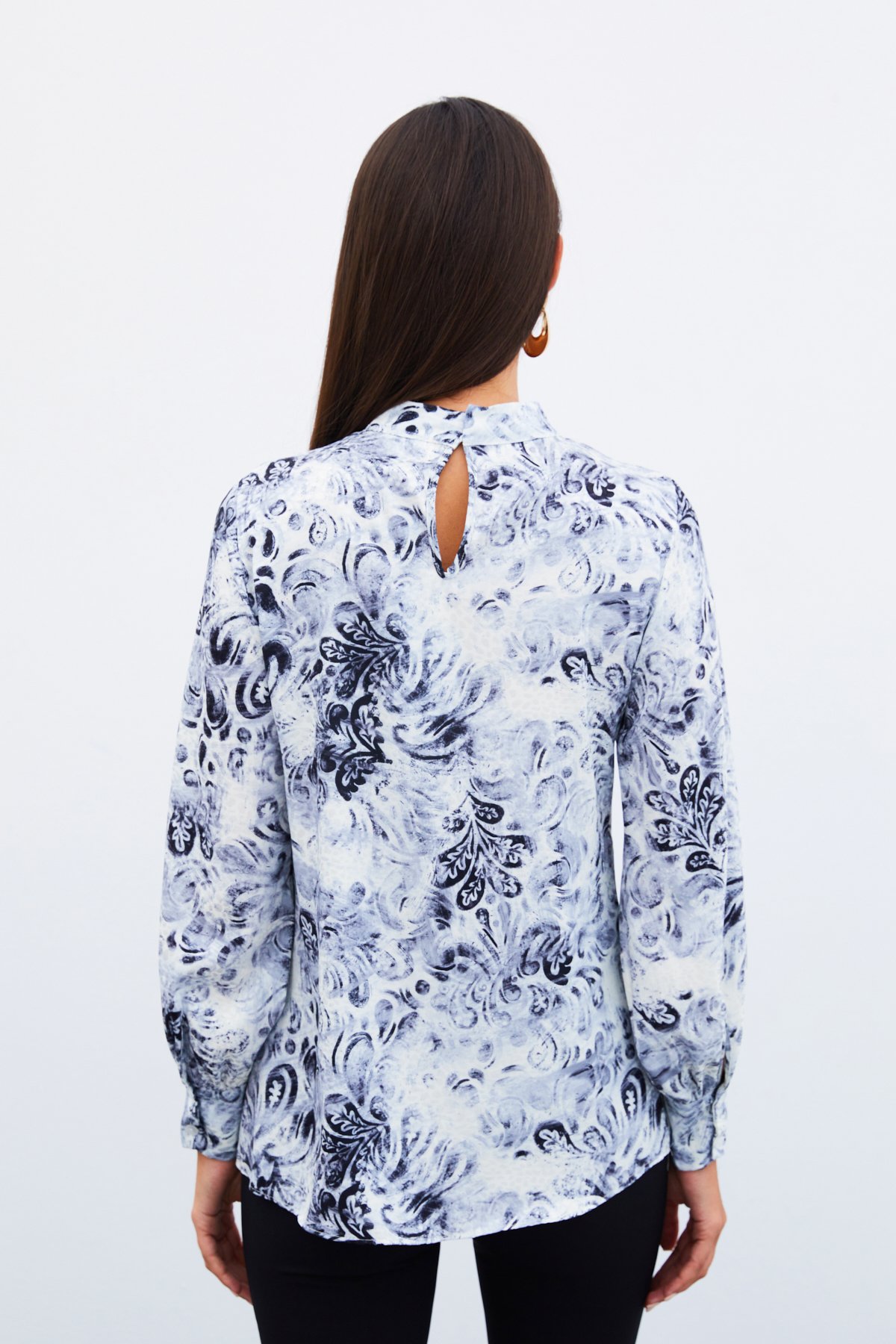 Dik Yaka Desenli Bluz - SİYAH