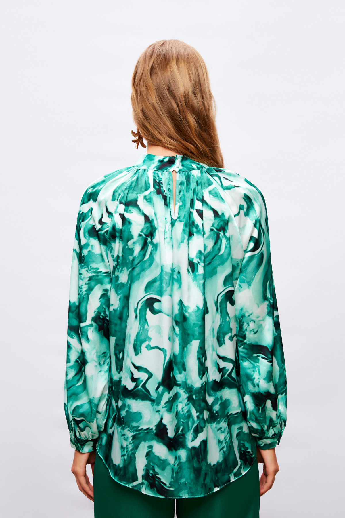 Dik Yaka Desenli Bluz - YEŞİL