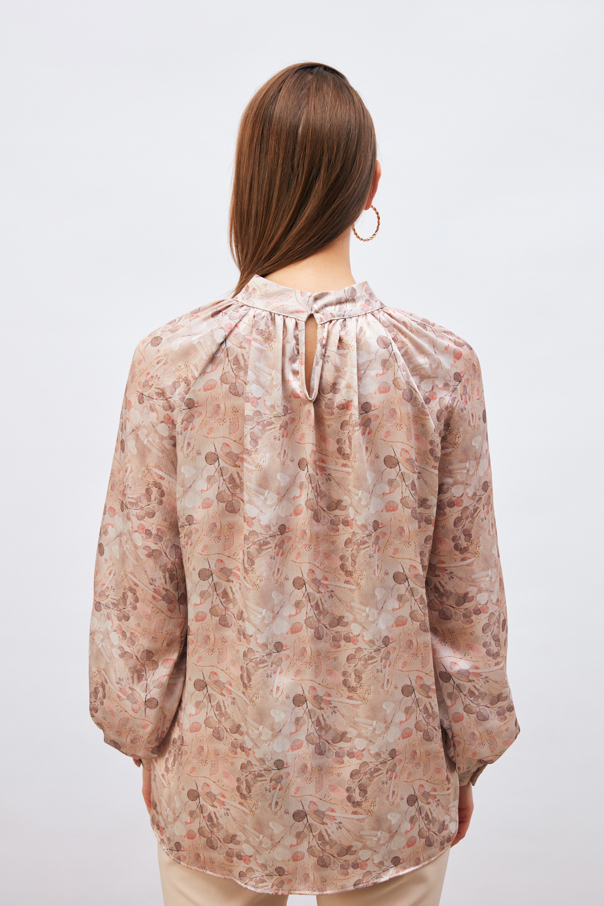 Dik Yaka Desenli Salaş Bluz - BEJ