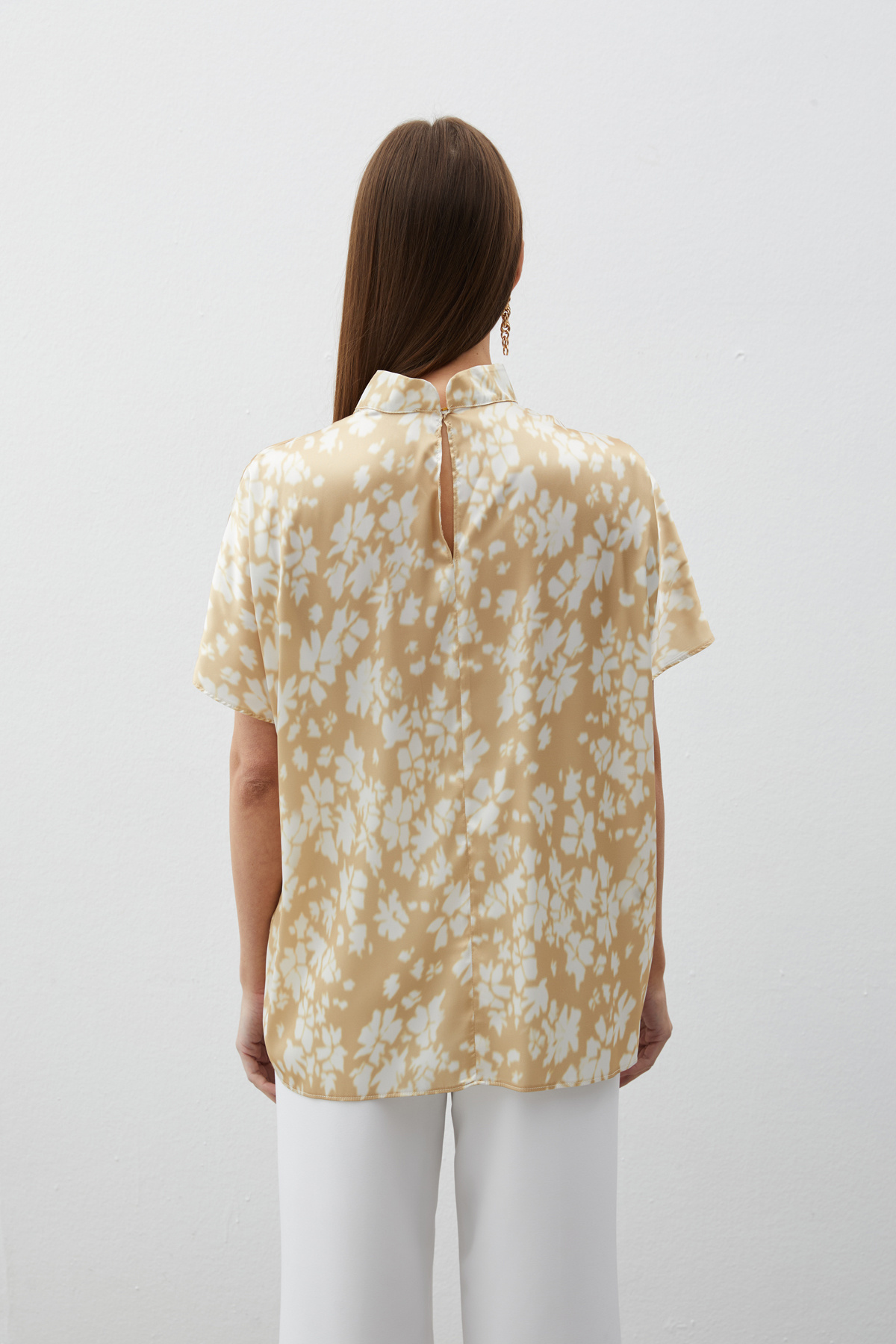 Dik Yaka Desenli Salaş Bluz - KAHVE