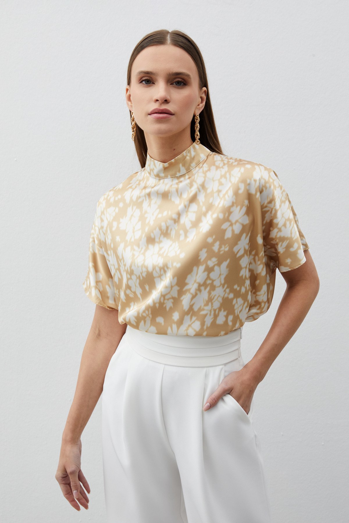 Dik Yaka Desenli Salaş Bluz - KAHVE