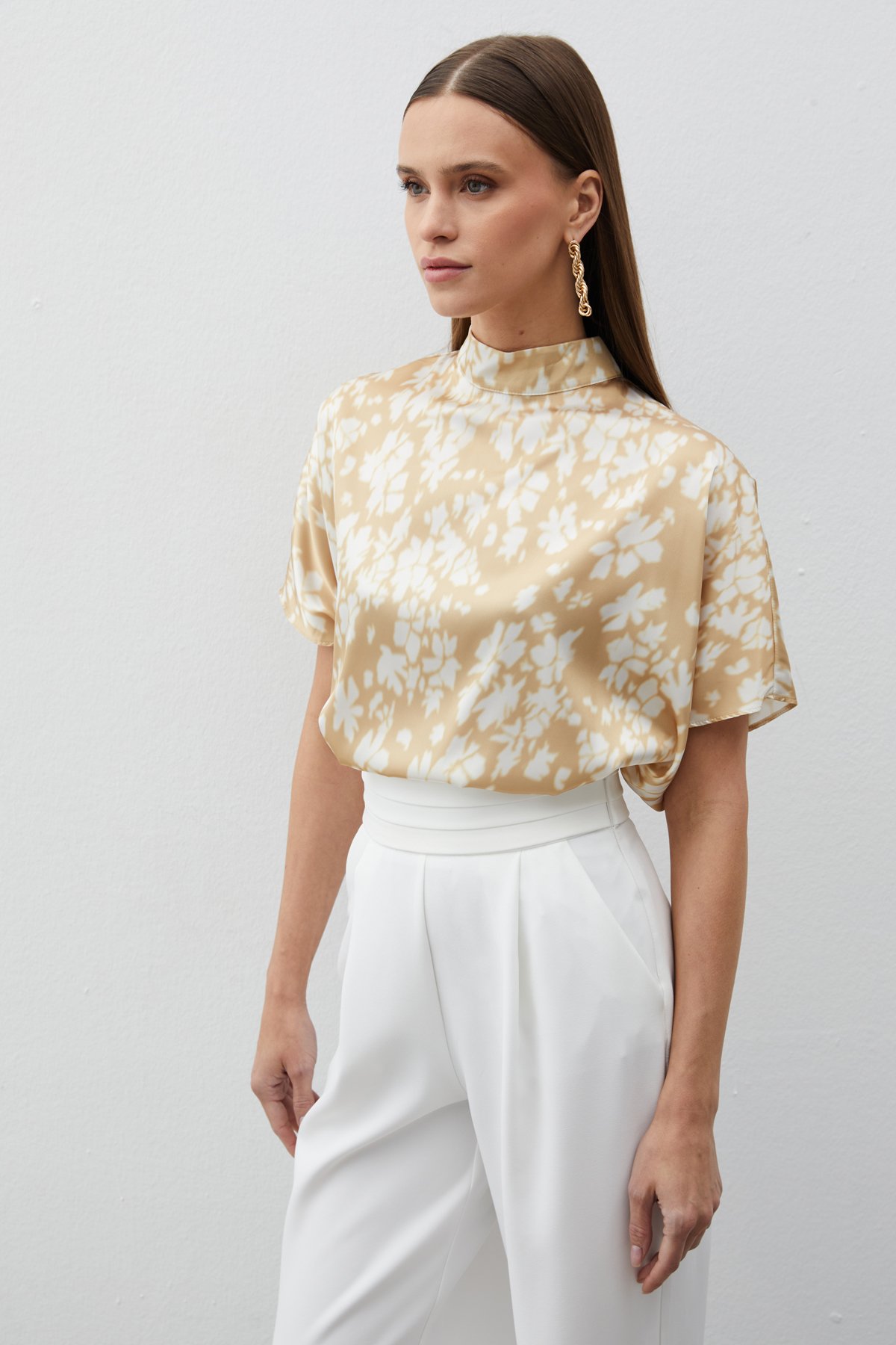 Dik Yaka Desenli Salaş Bluz - KAHVE