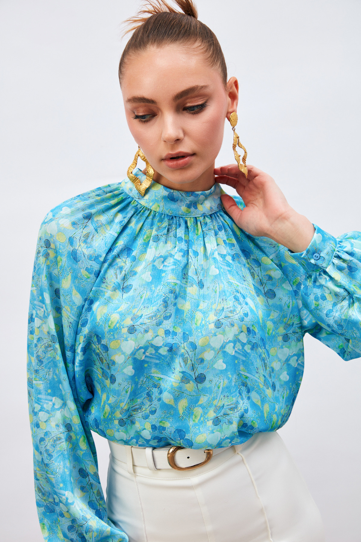 Dik Yaka Desenli Salaş Bluz - MAVİ