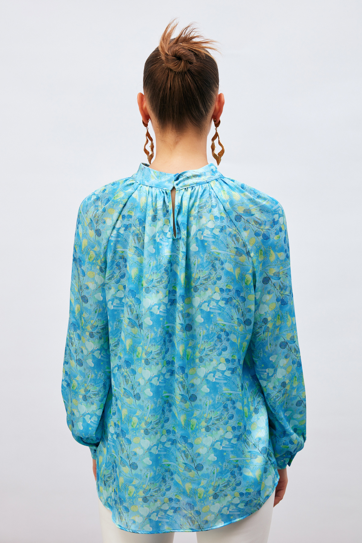 Dik Yaka Desenli Salaş Bluz - MAVİ