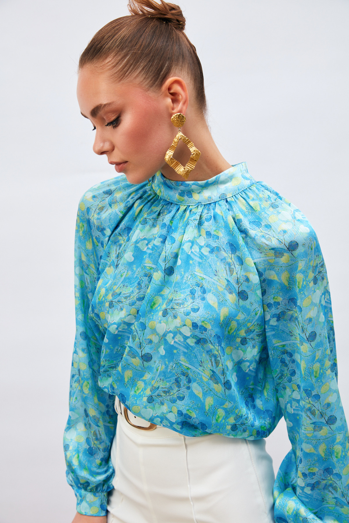 Dik Yaka Desenli Salaş Bluz - MAVİ