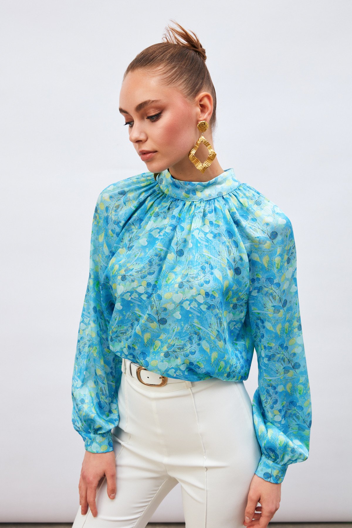 Dik Yaka Desenli Salaş Bluz - MAVİ