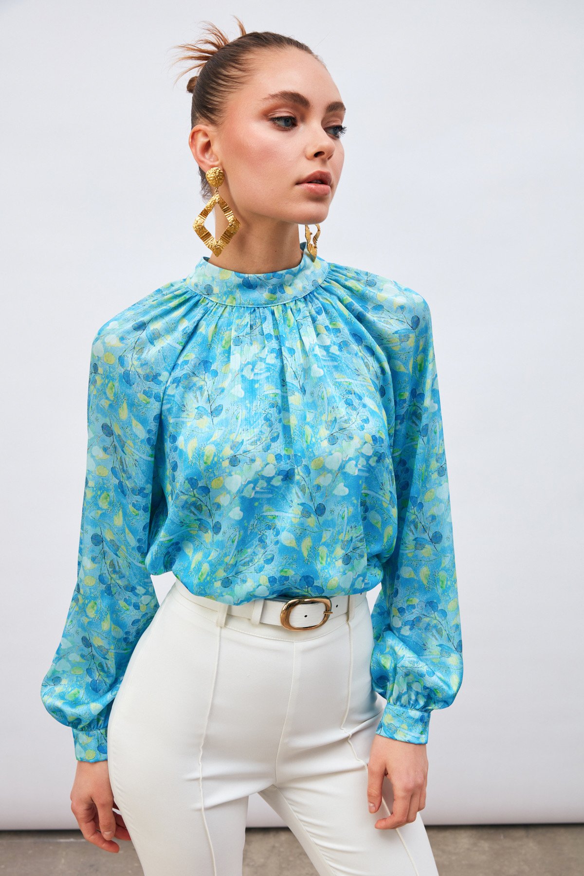 Dik Yaka Desenli Salaş Bluz - MAVİ