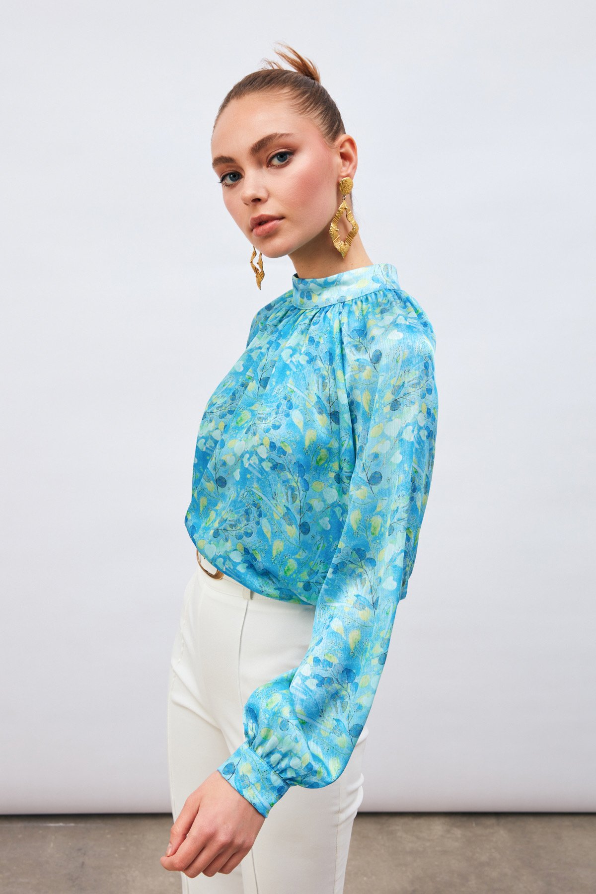 Dik Yaka Desenli Salaş Bluz - MAVİ