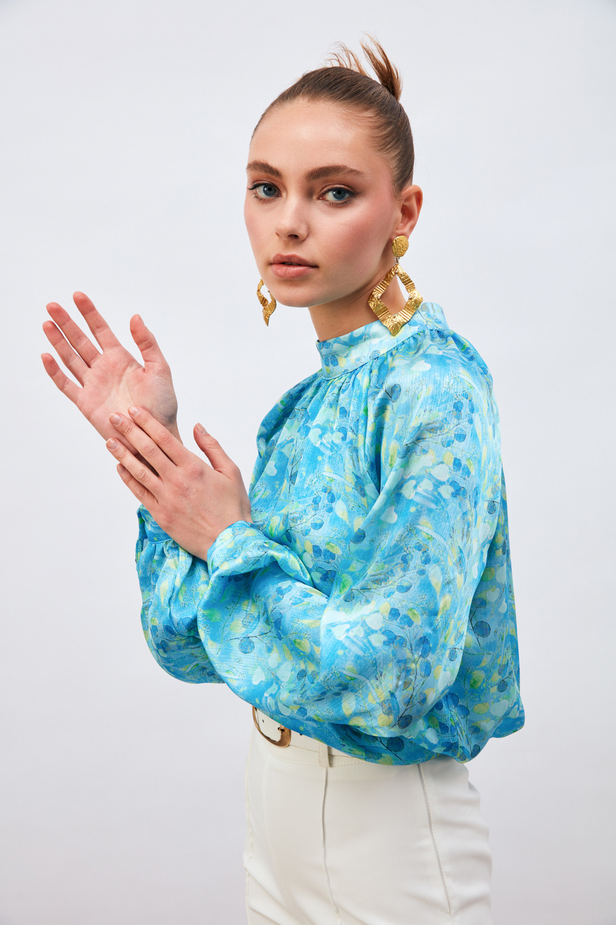 Dik Yaka Desenli Salaş Bluz - MAVİ