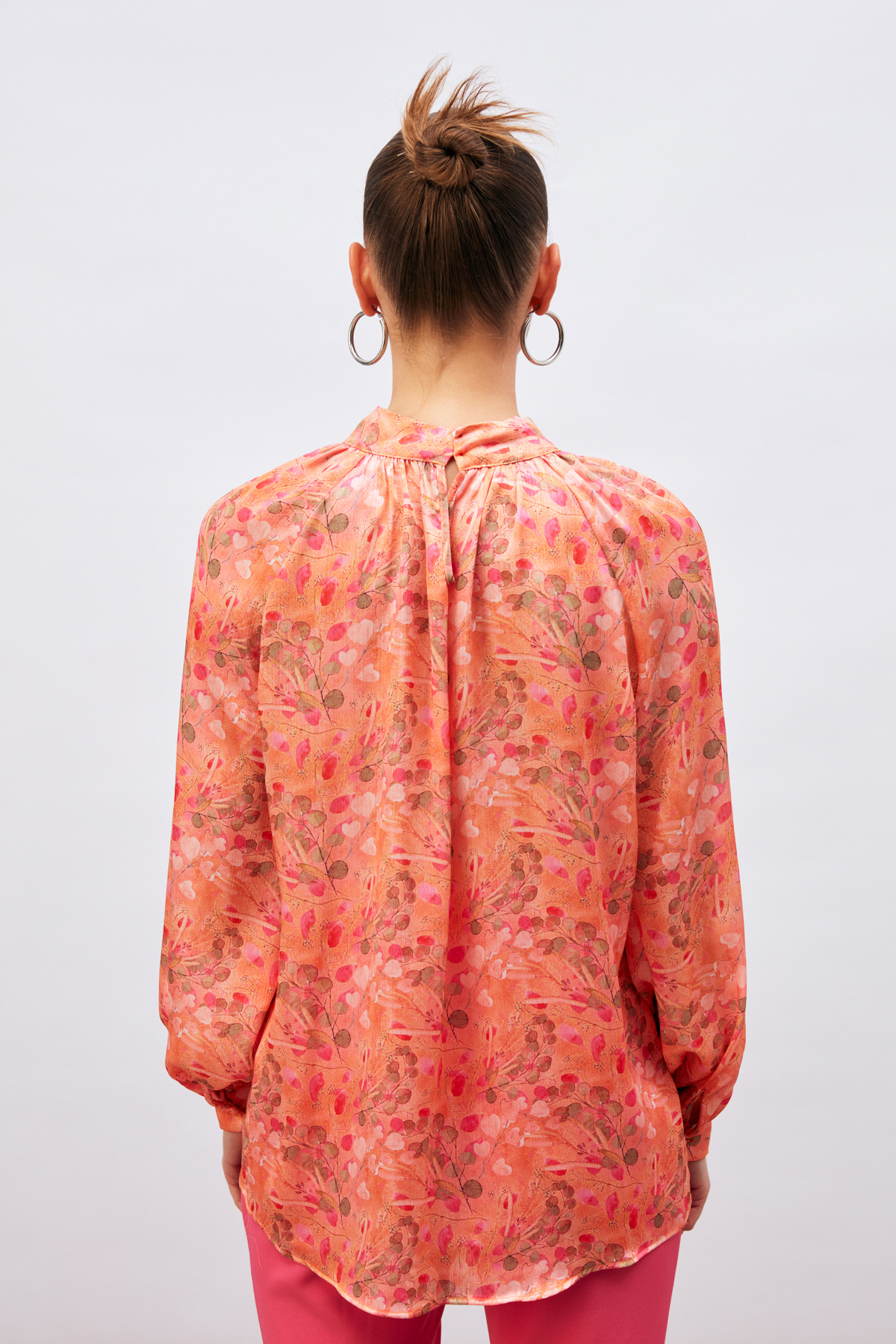 Dik Yaka Desenli Salaş Bluz - ORANJ