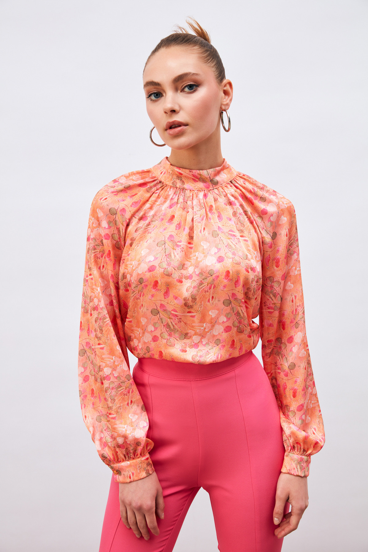 Dik Yaka Desenli Salaş Bluz - ORANJ