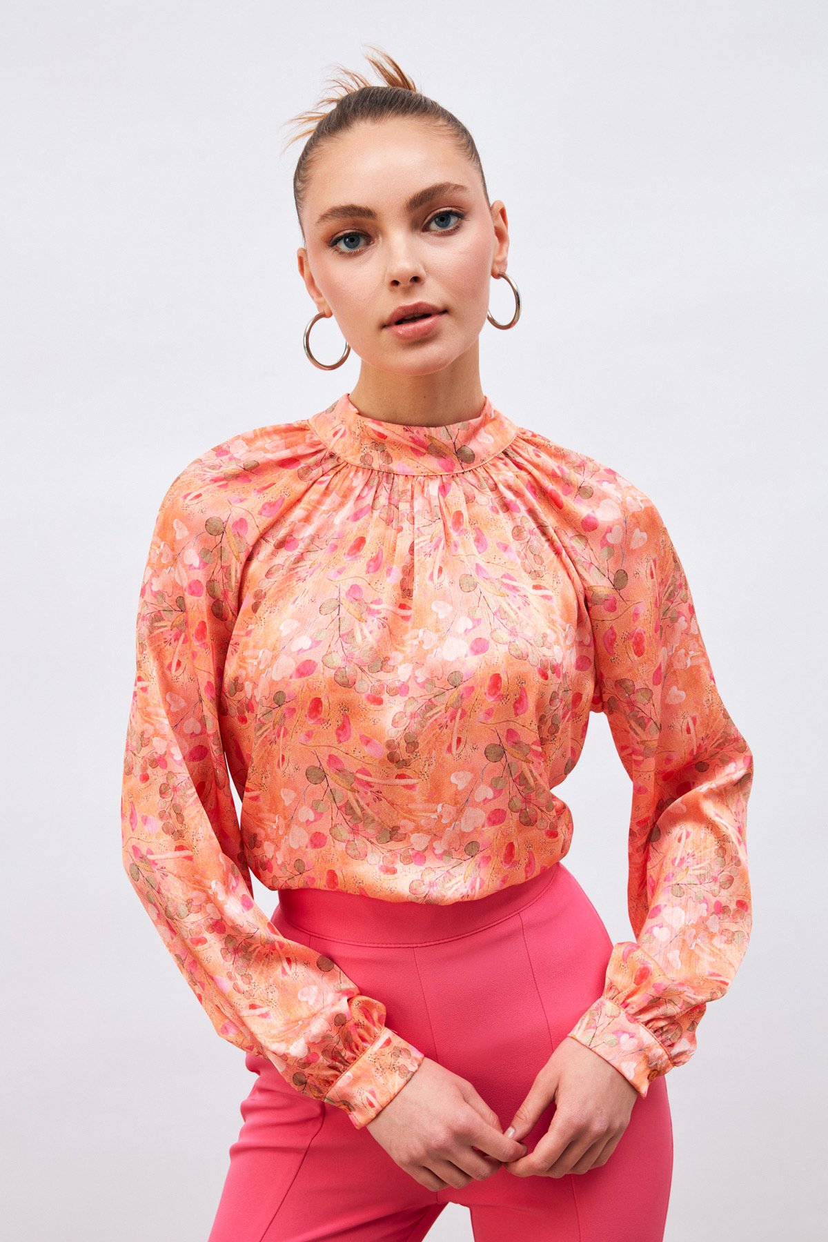 Dik Yaka Desenli Salaş Bluz - ORANJ