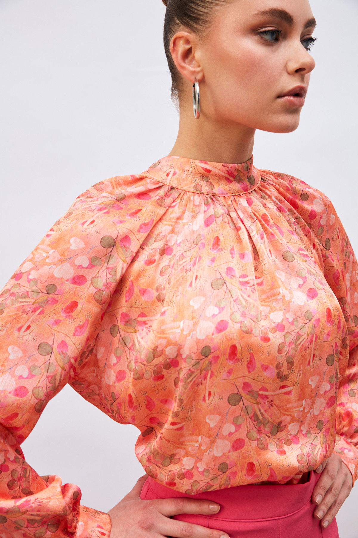 Dik Yaka Desenli Salaş Bluz - ORANJ