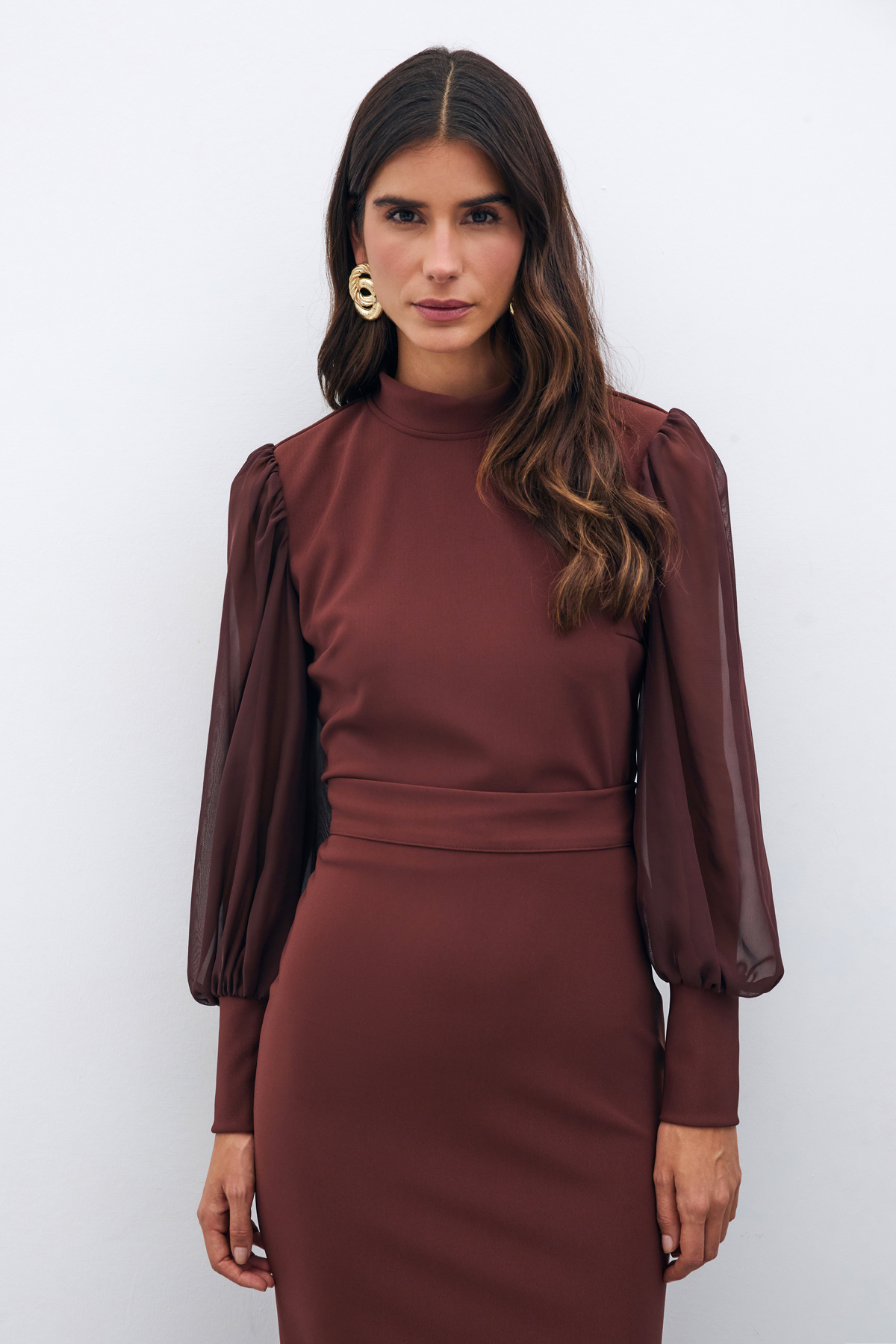 Dik Yaka Şifon Kol Detaylı Bluz - KAHVE