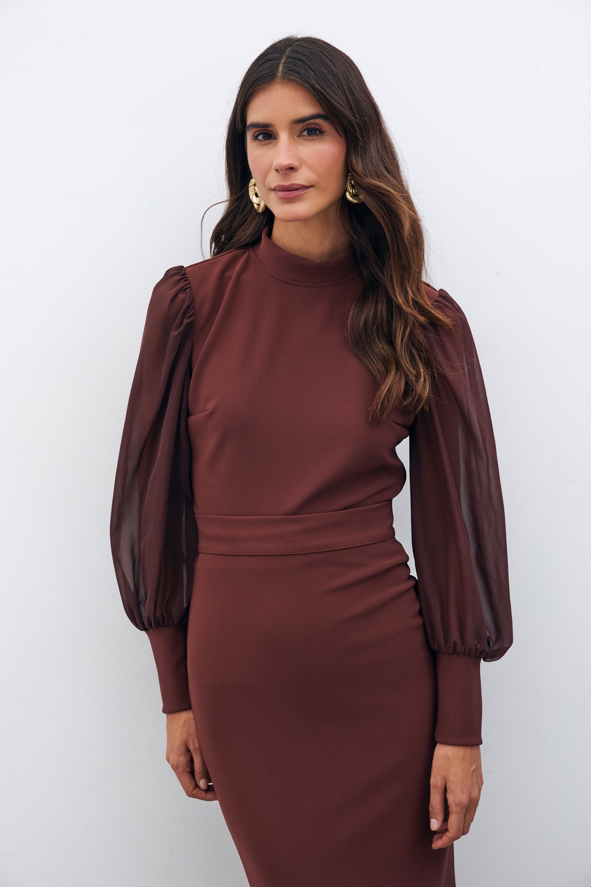 Dik Yaka Şifon Kol Detaylı Bluz - KAHVE