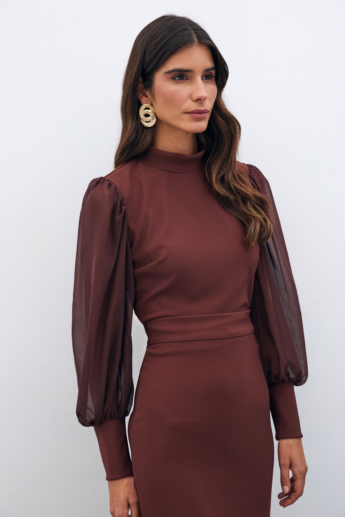 Dik Yaka Şifon Kol Detaylı Bluz - KAHVE