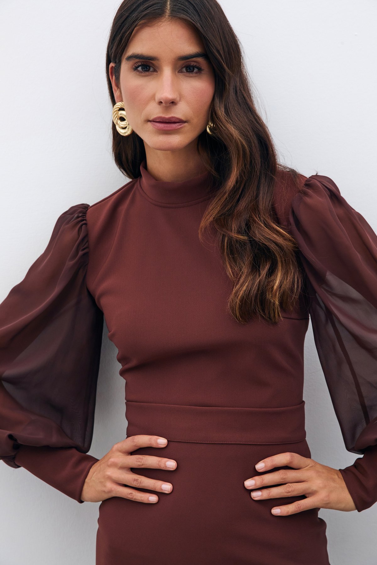 Dik Yaka Şifon Kol Detaylı Bluz - KAHVE