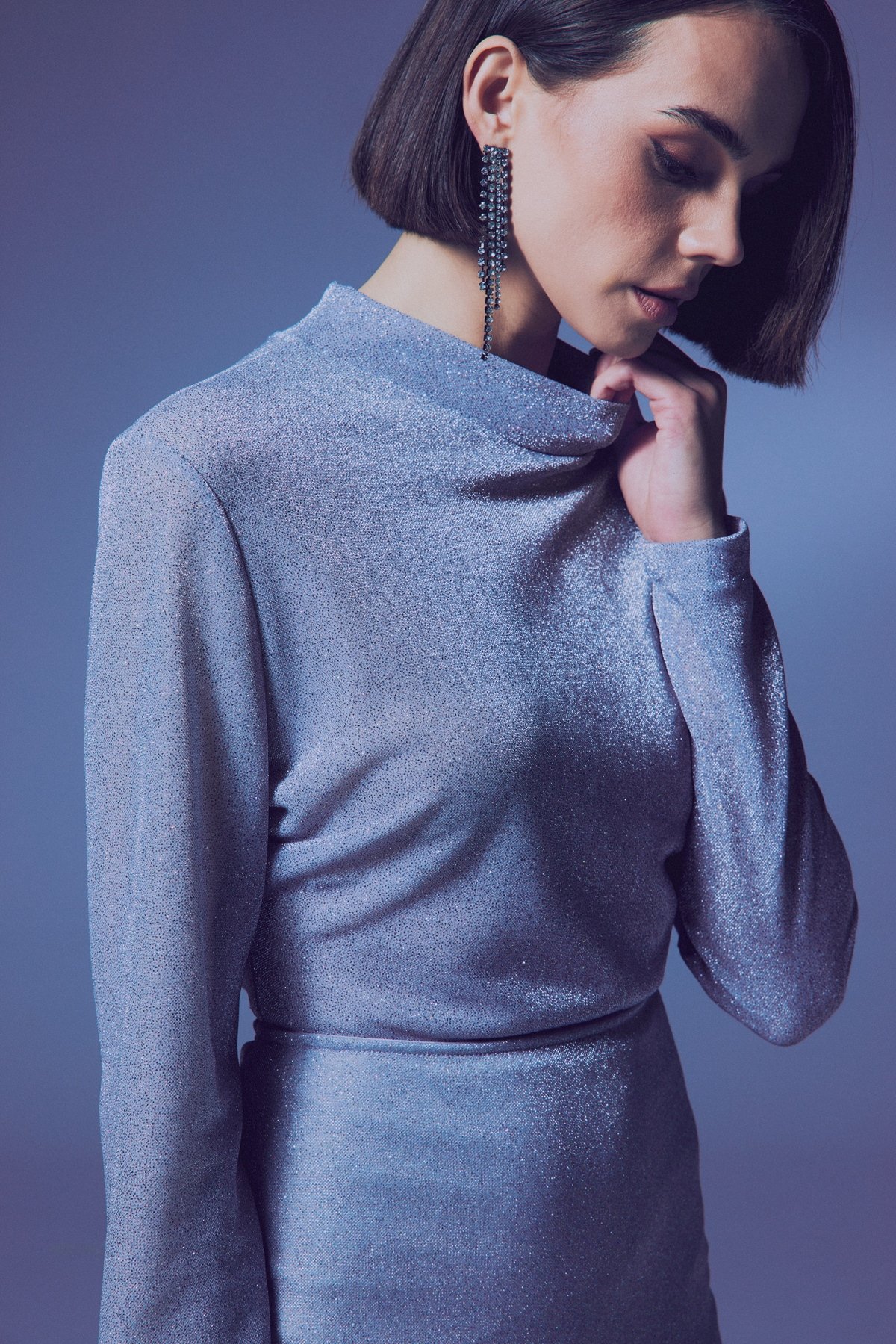 Dik Yaka Simli Bodysuit - Gümüş