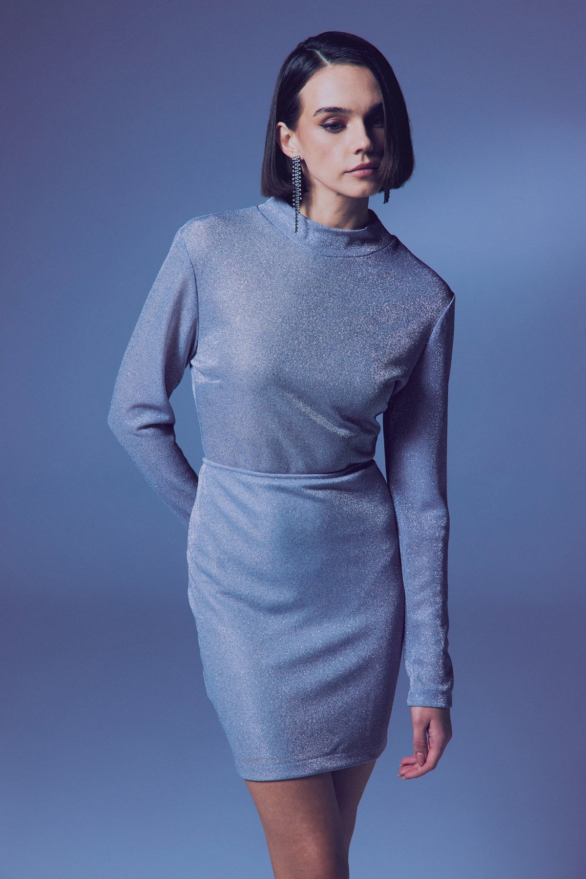 Dik Yaka Simli Bodysuit - Gümüş