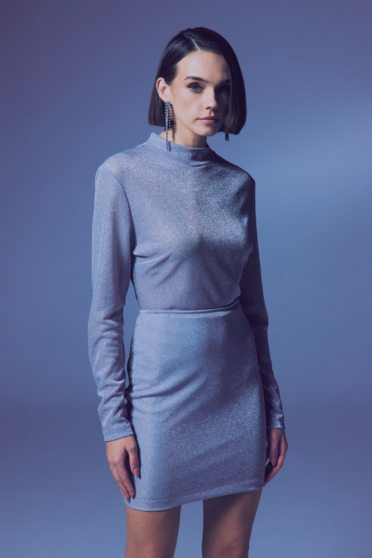 Dik Yaka Simli Bodysuit - Gümüş