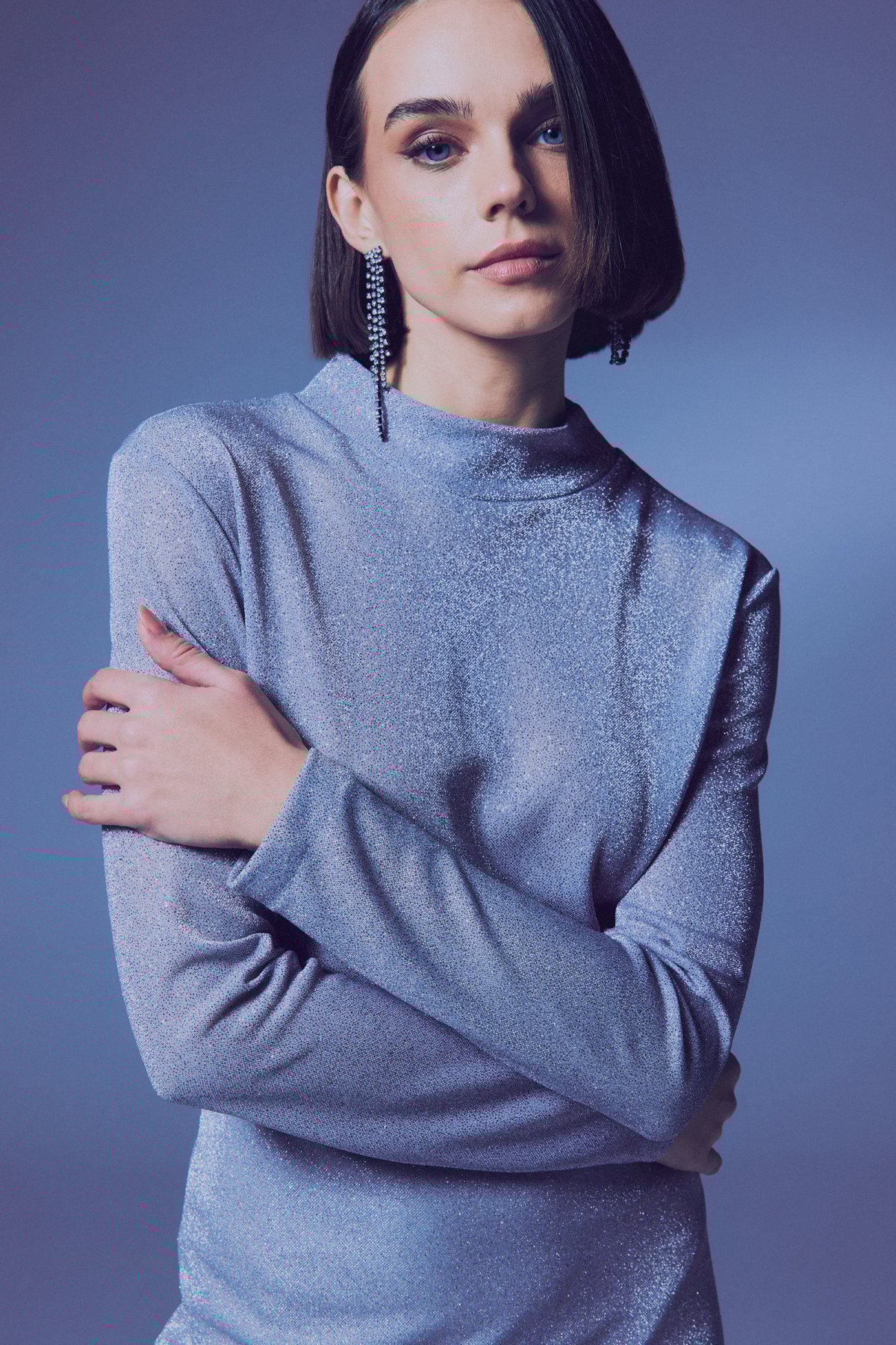 Dik Yaka Simli Bodysuit - Gümüş