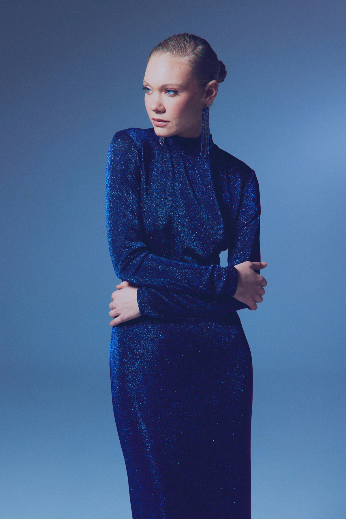 Dik Yaka Simli Bodysuit - SAX MAVİ