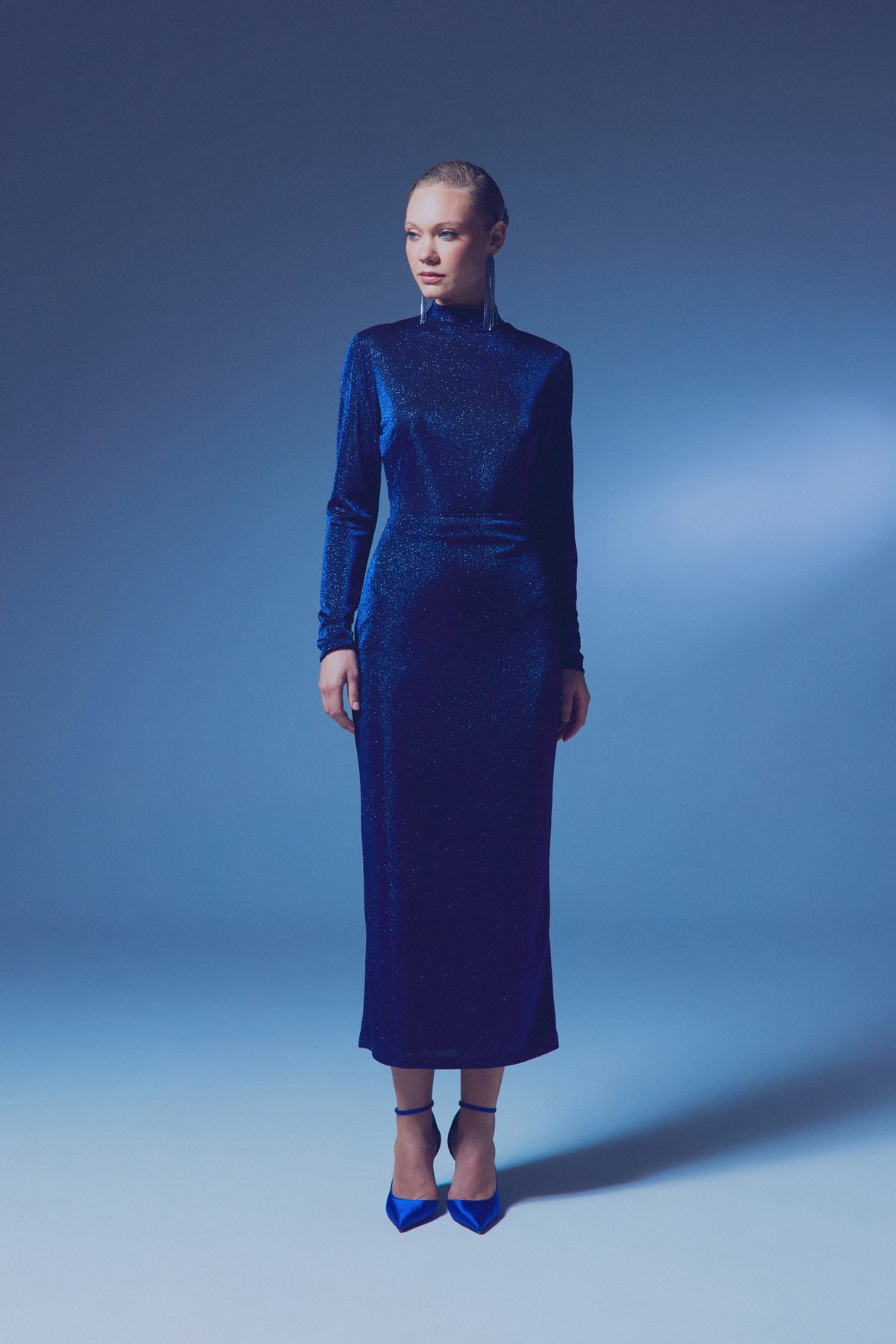 Dik Yaka Simli Bodysuit - SAX MAVİ