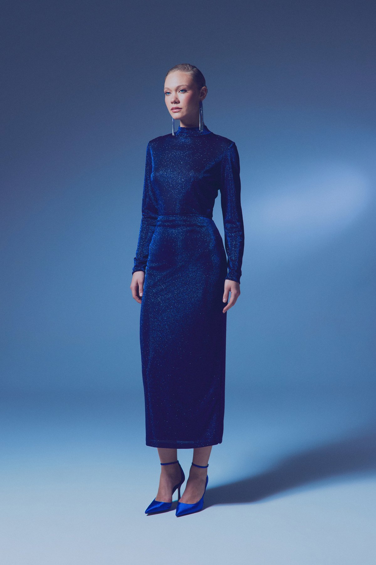 Dik Yaka Simli Bodysuit - SAX MAVİ