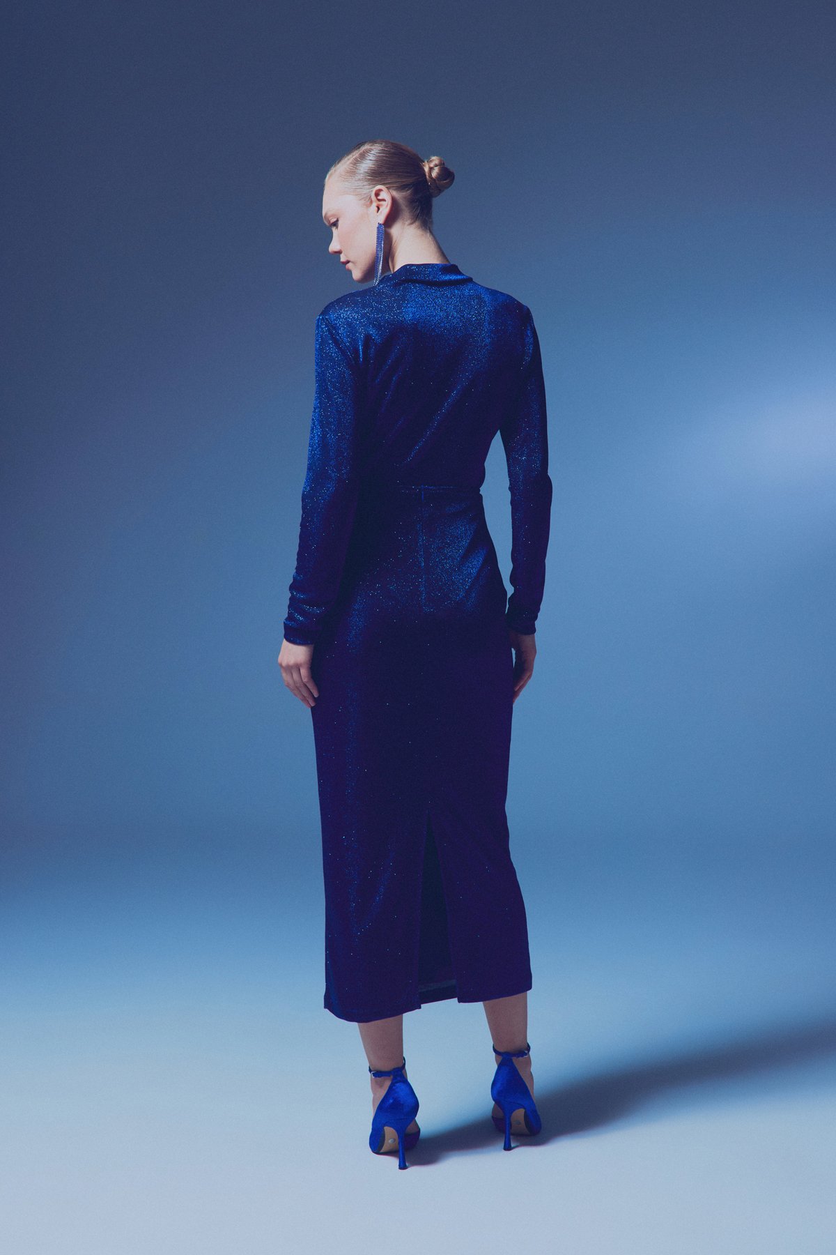 Dik Yaka Simli Bodysuit - SAX MAVİ