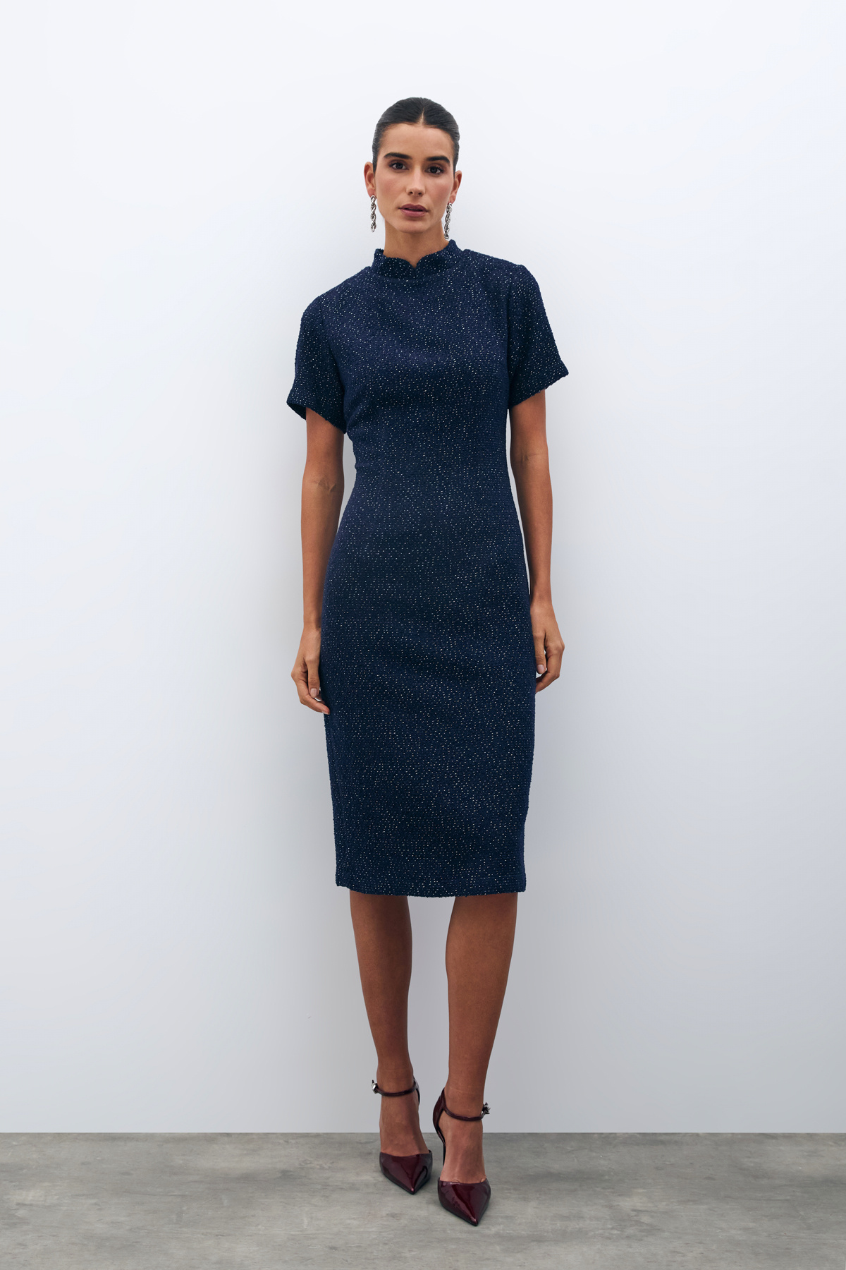 Dik Yaka Tüvit Elbise - LACİVERT