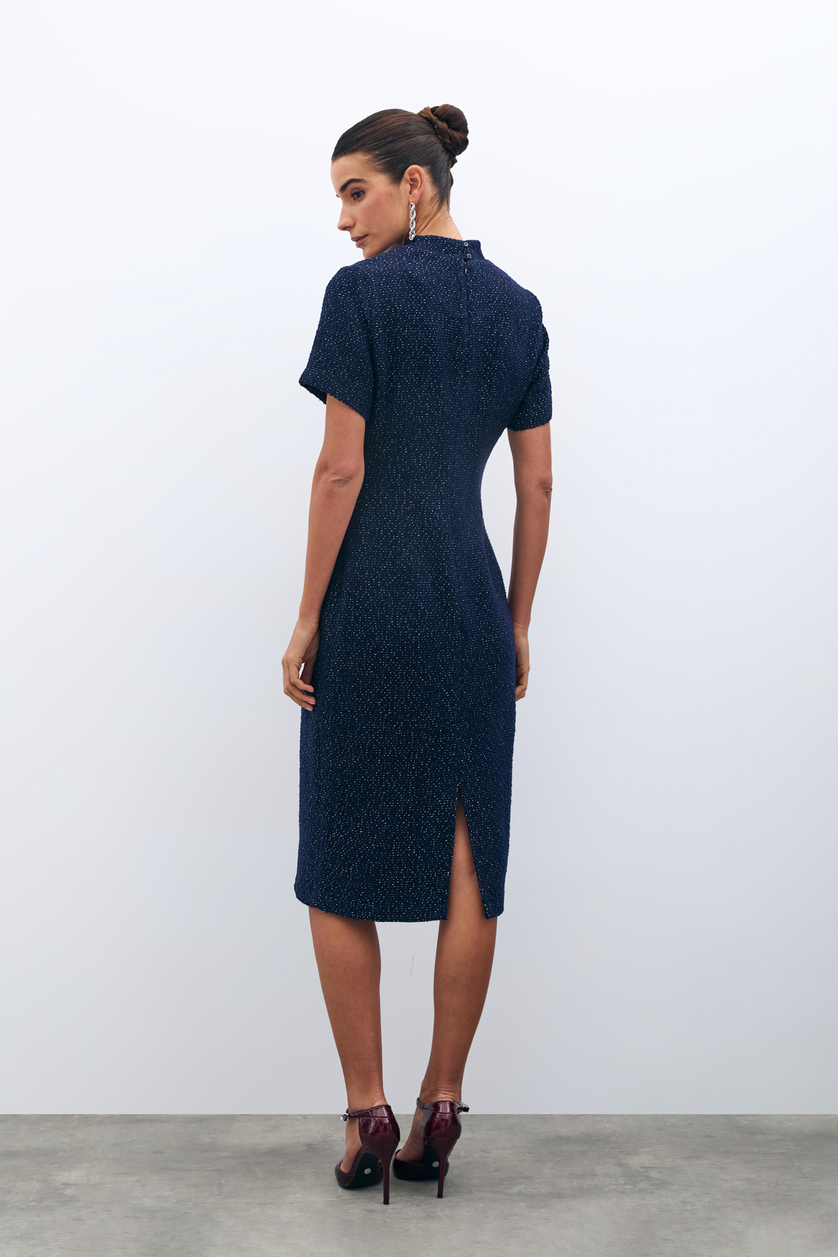 Dik Yaka Tüvit Elbise - LACİVERT