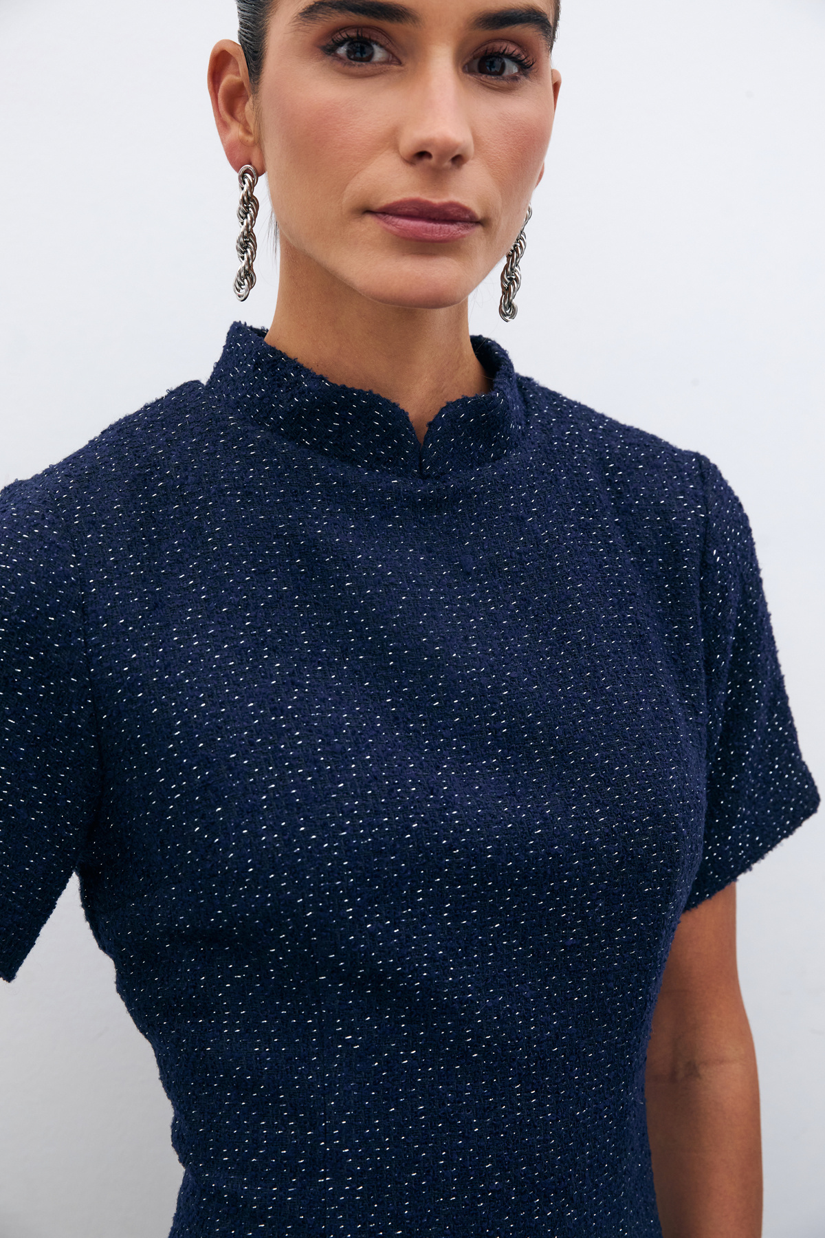 Dik Yaka Tüvit Elbise - LACİVERT