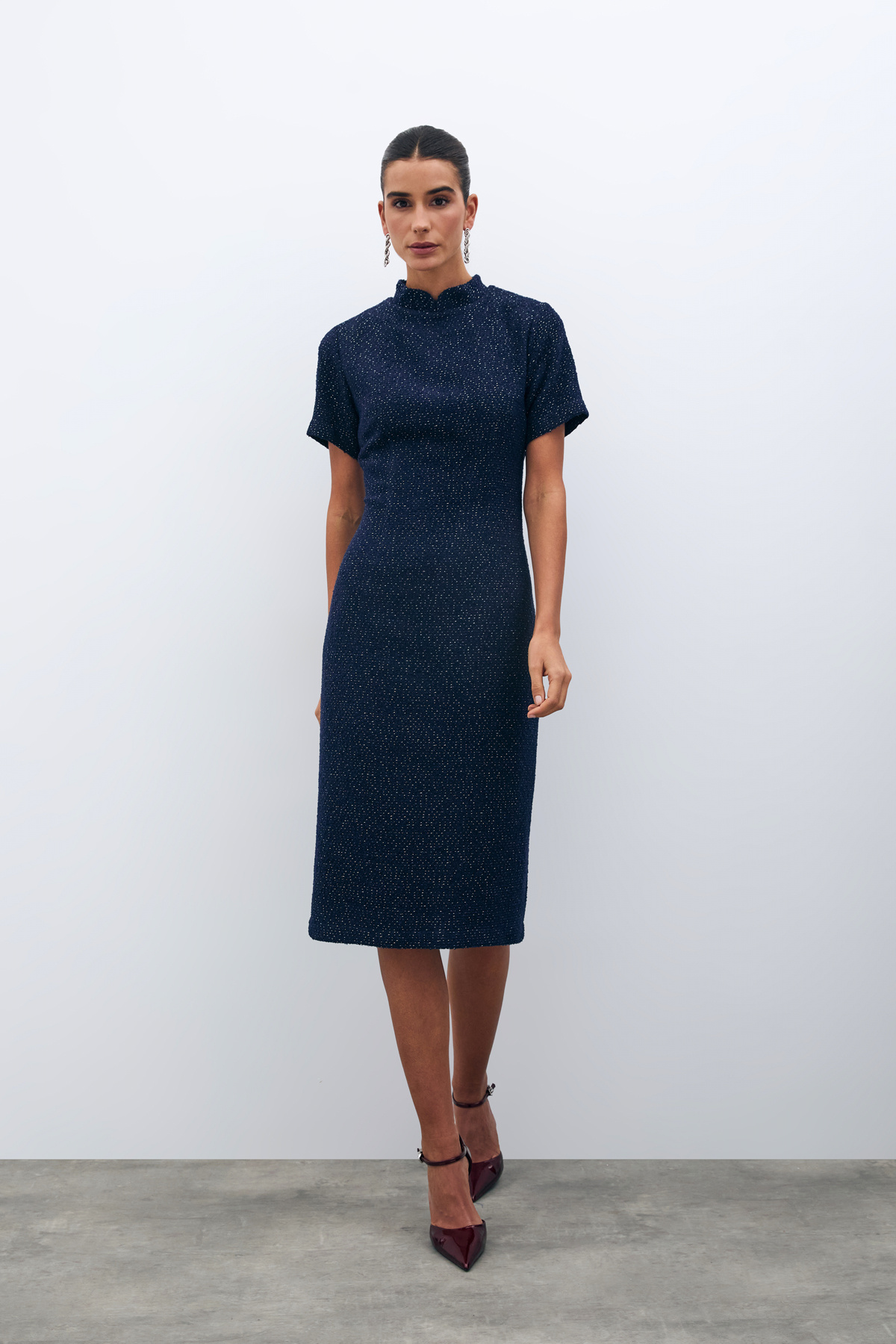 Dik Yaka Tüvit Elbise - LACİVERT