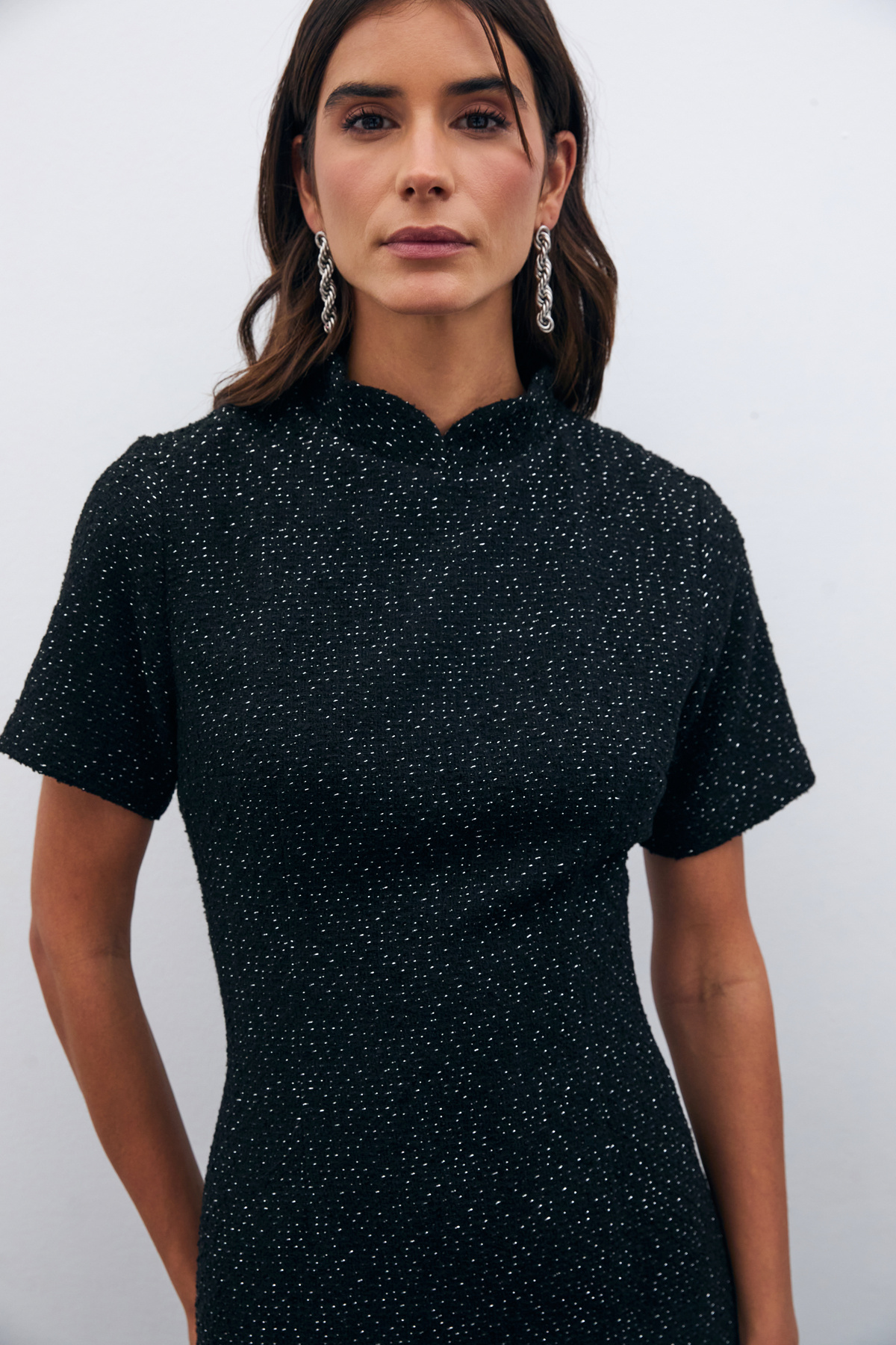 Dik Yaka Tüvit Elbise - SİYAH